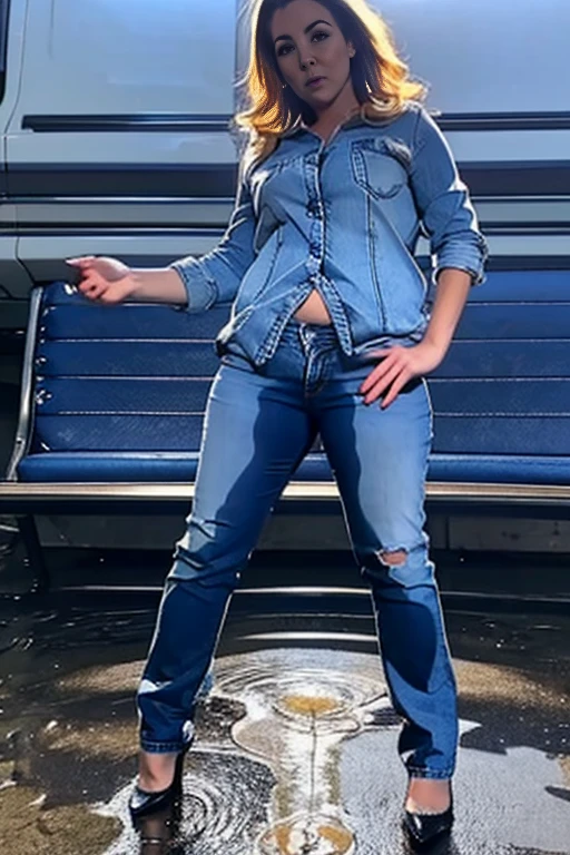 1 tall thin attractive woman masturbates, Unbuttoned jeans, gradient background, high heels, show heels, standing in puddle of pee, shoes filled with pee, ((pee streams from crotch of jeans)), (((rear view)))