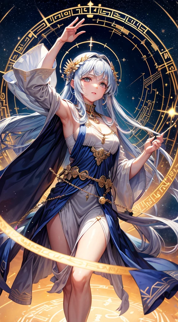 A Greek sibyl, bearer of secrets from past and future, with an oracle composed of celestial runes floating around her, each representing a zodiac sign, while her robe ripples like constellations in the night sky.