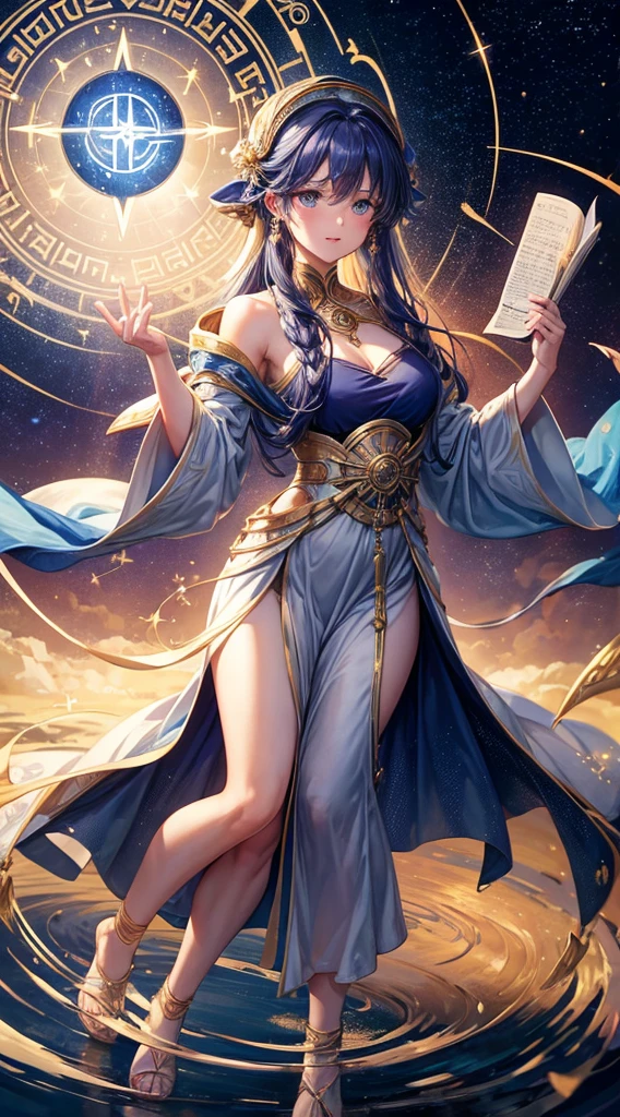 Beautiful girl looking at the camera, from below, full length, , ((background space and stars)), (masterpiece), best quality, very detailed, (watercolor), blooming, delicate and beautiful, illustration , (bottom), (detailed skin, diffuse skin pores), ethereal, max detail, max quality, (bloom: 0.5), ray tracing, specular, shallow DOF, anti-aliasing, 8K UHD, SLR camera, soft light, high quality, 3D lighting, candid, photography, high resolution, 4K, 8K, bokeh, ultra-realistic 8K CG, (epic:, perfect work, masterpiece, ancient dynasty, middle ages, fantasy), ((((detailed background))) , amazing god-like beauty, vivid facial features, detailed hair, dynamic angle, amazing stunningly beautiful, lying down, extremely detailed skin, golden wet skin, 50mm portrait, glamour, perfect soft curves, perfect body, perfect boobs, perfect wide hips, plump wet lips, extremely detailed muscle definition, perfectly detailed abs, ultra-realistic, revealing clothing, belly exposed, thighs