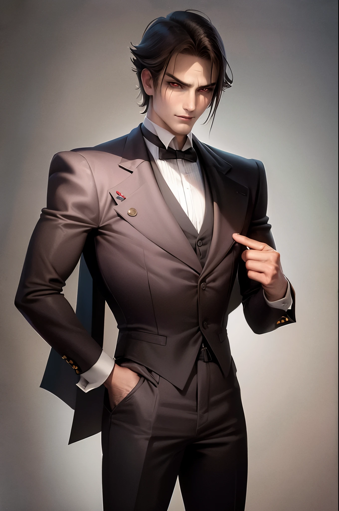 (flat color:1.1),(masterpiece:1.2), best quality, masterpiece, original,short brown hair, mature elegant and handsome man with red eyes, wearing victorian vampire hunter outfit