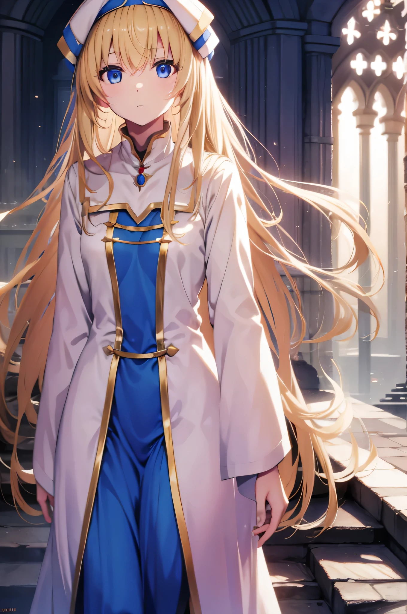 priestess, blonde hair, blue eyes, long hair, hair between eyes,