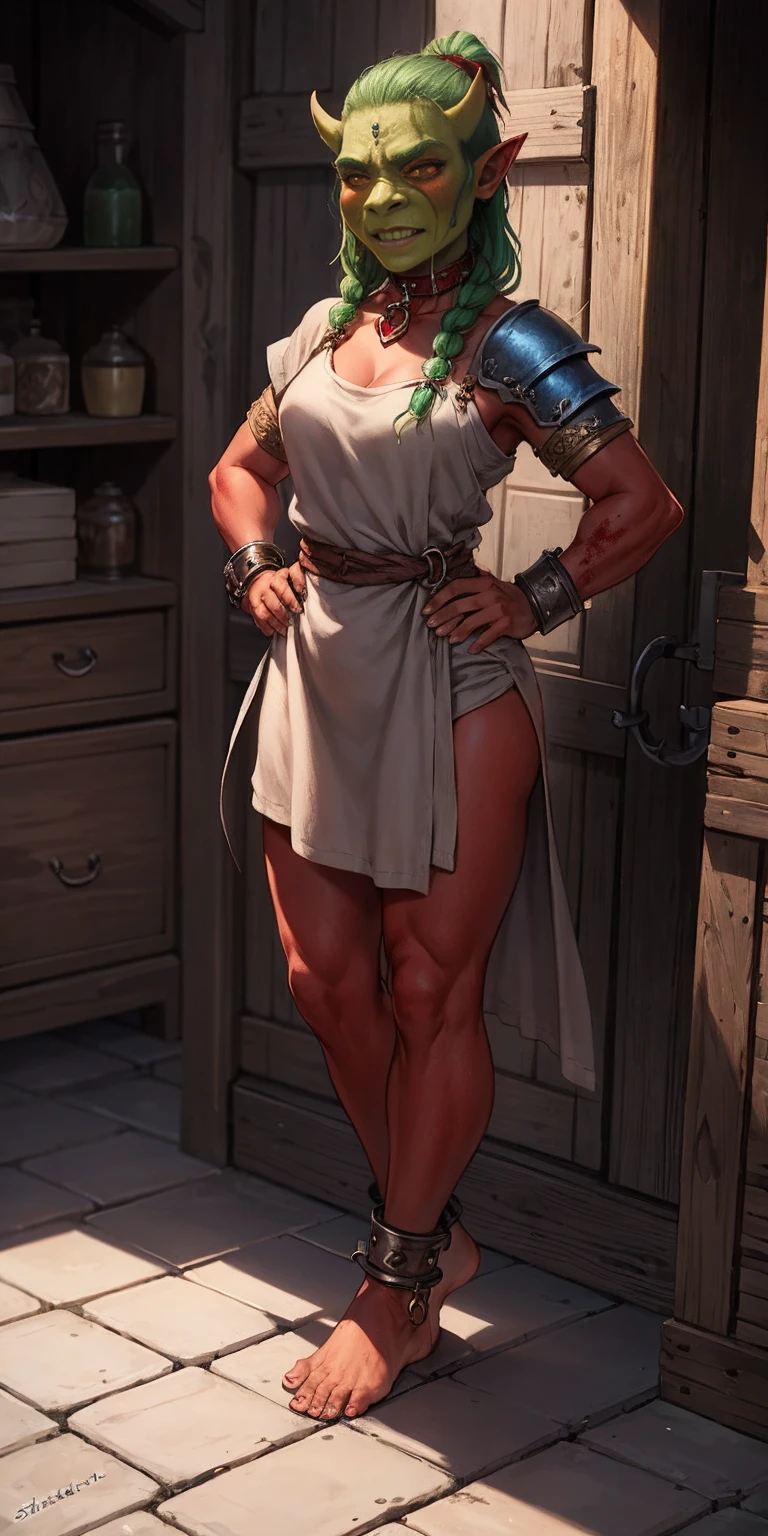 Baldur's Gate　Dwarven woman in her 40s　Woman with gray hair and brown eyes　bob cuts　plump　Naked and wearing a white apron　Cooking in a labyrinth