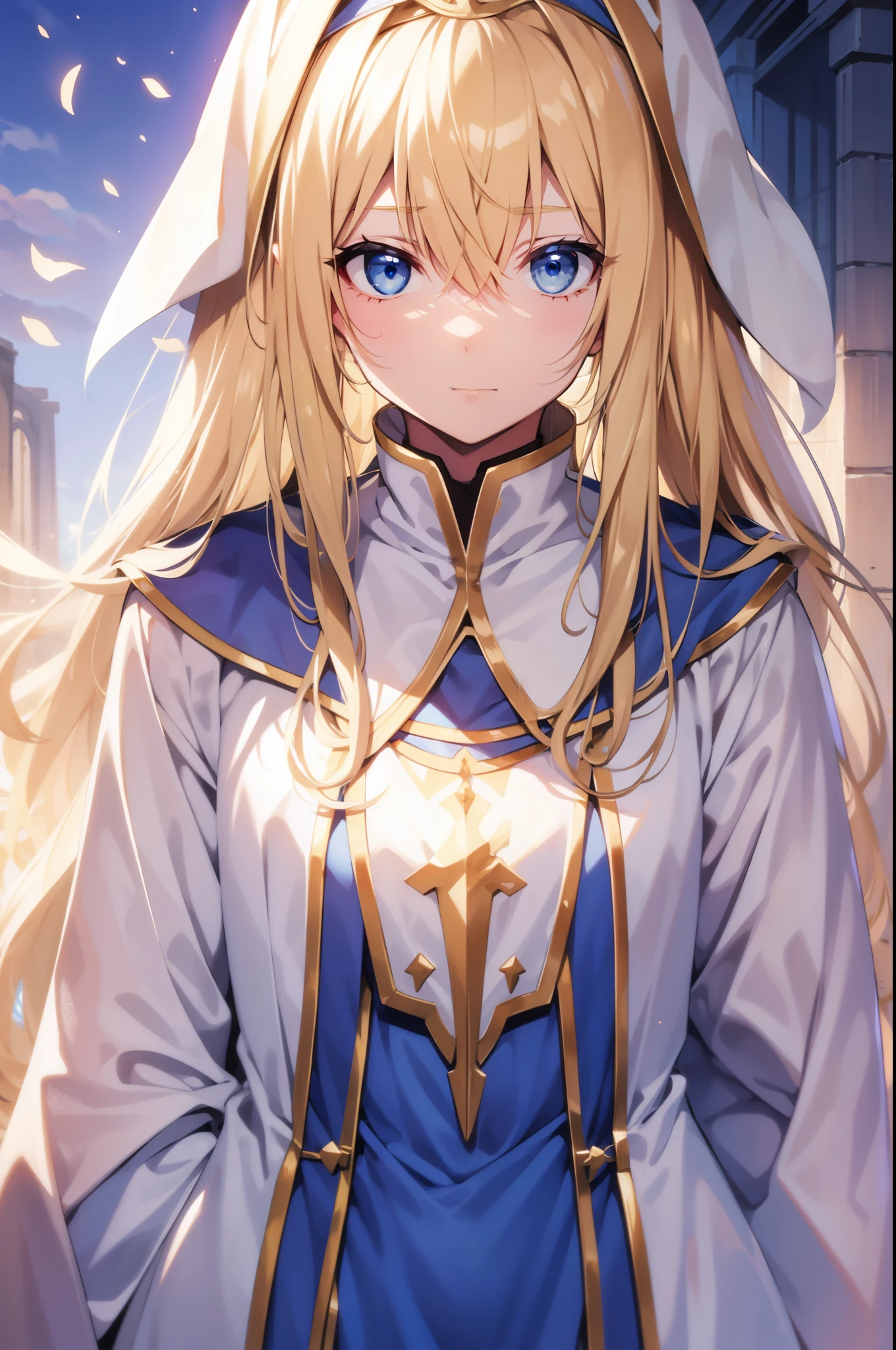 priestess, blonde hair, blue eyes, long hair, hair between eyes,