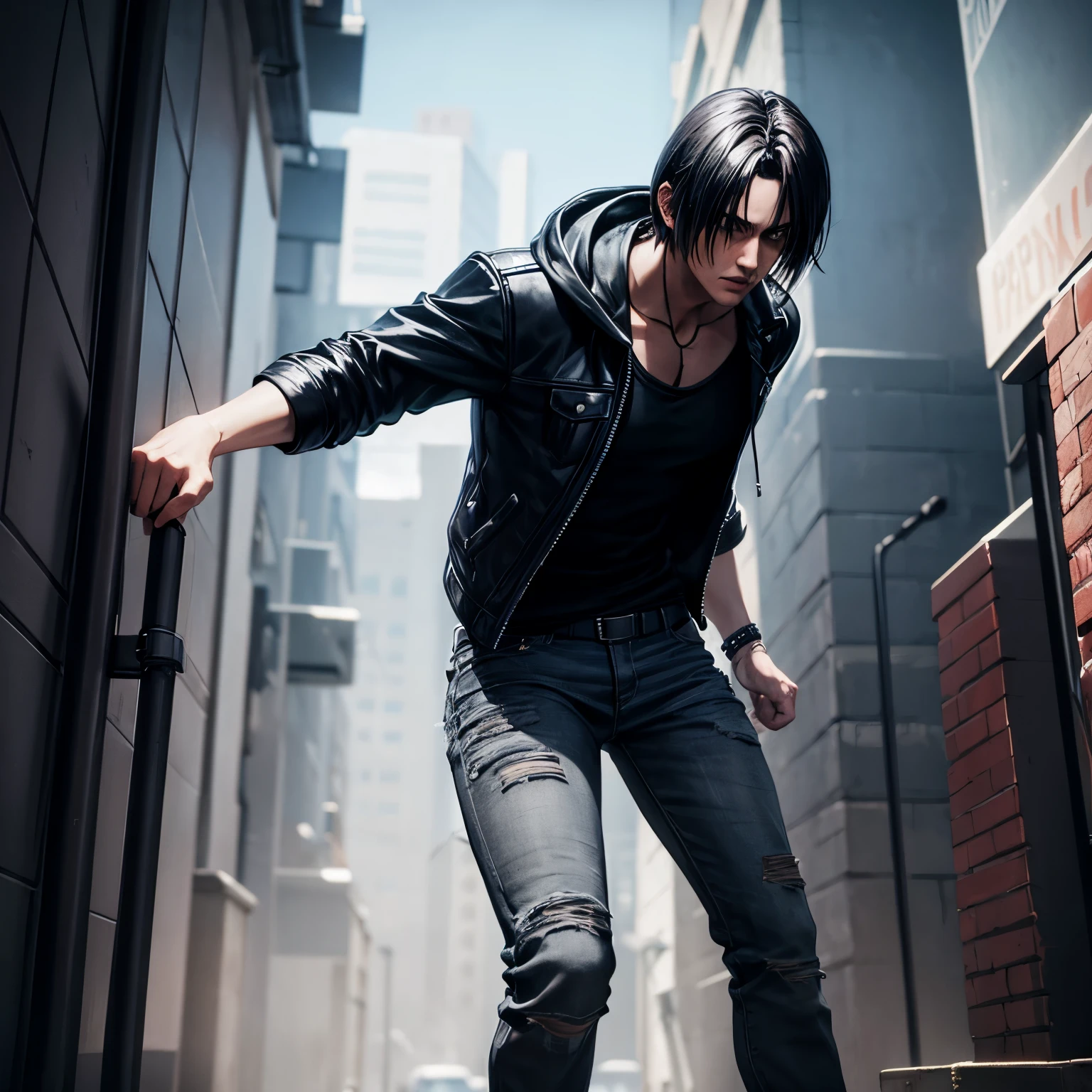 Look like Leon kennedy black hair black hood black jacket gray t shirt back jean fight club Animation 3d