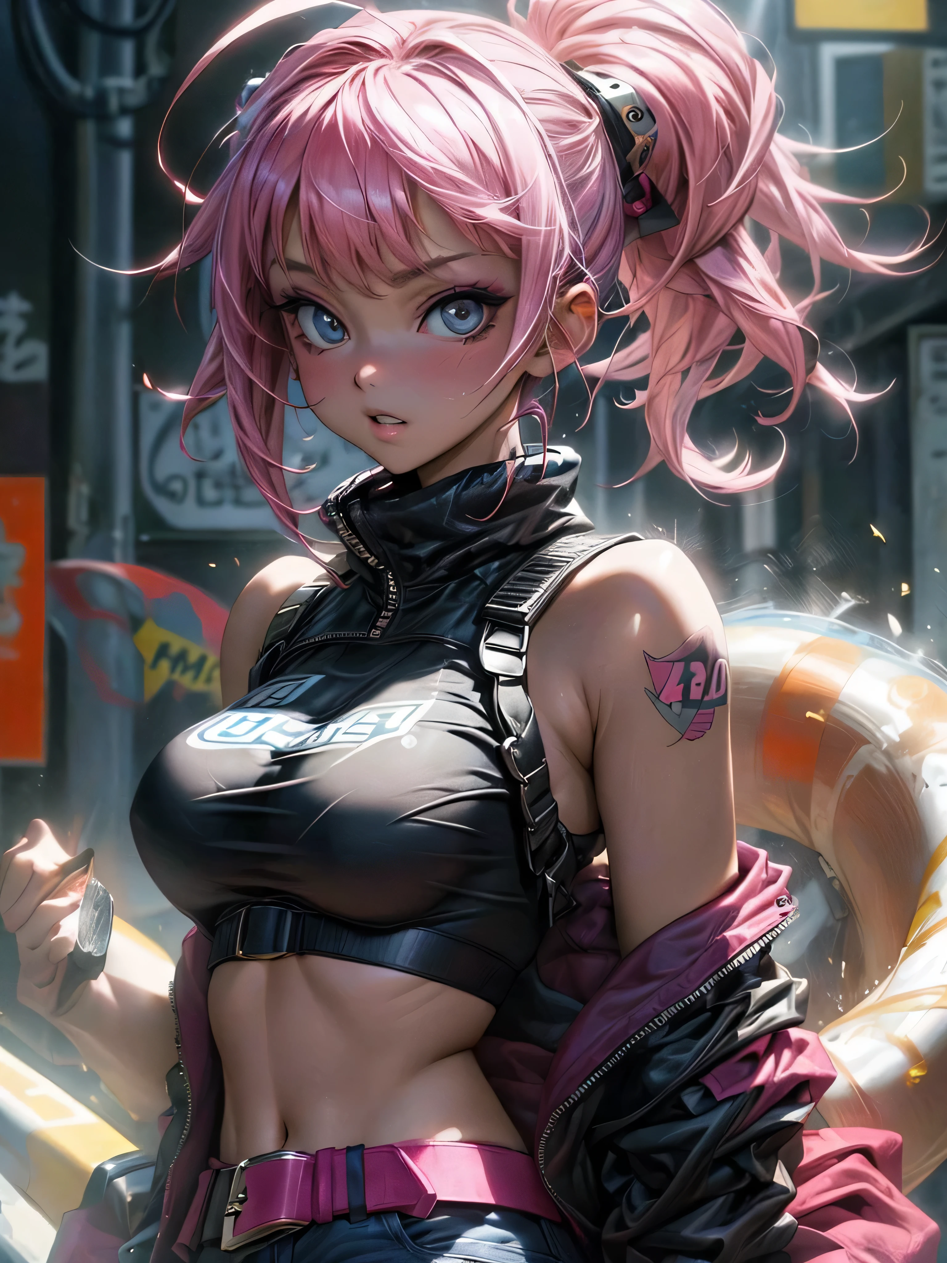(top-quality、8K、32K、masterpiece、nffsw:1.hotorealsitic:1.4),Portrait of an 18-year-old punk girl,A detailed eye、,Wacky punk hair,Radical punk fashion,Tank Tops、Wacky makeup、A pink-haired,、A lot of tattoos on the body,、Street background、Backlight effect、depth of fields,blurry backround,,,,,,,,,,,, Big Breast,