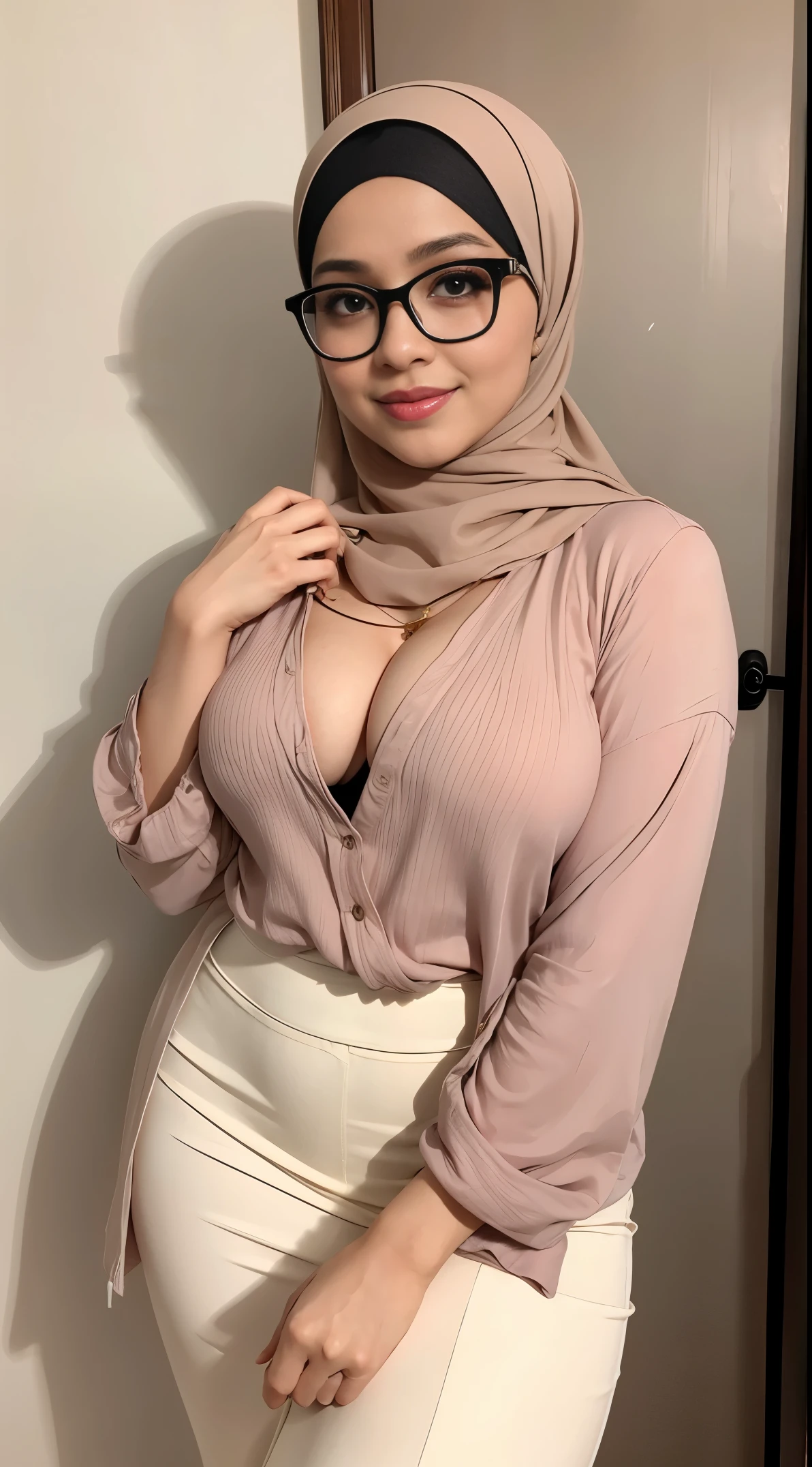 naughty, (iu:0.8),cleavage, RAW, Best quality, high resolution, Masterpiece: 1.3, Beautiful glasses pearl_skinned sexy hijabi javanese wearing high_slit_skirt, Masterpiece, Soft smile