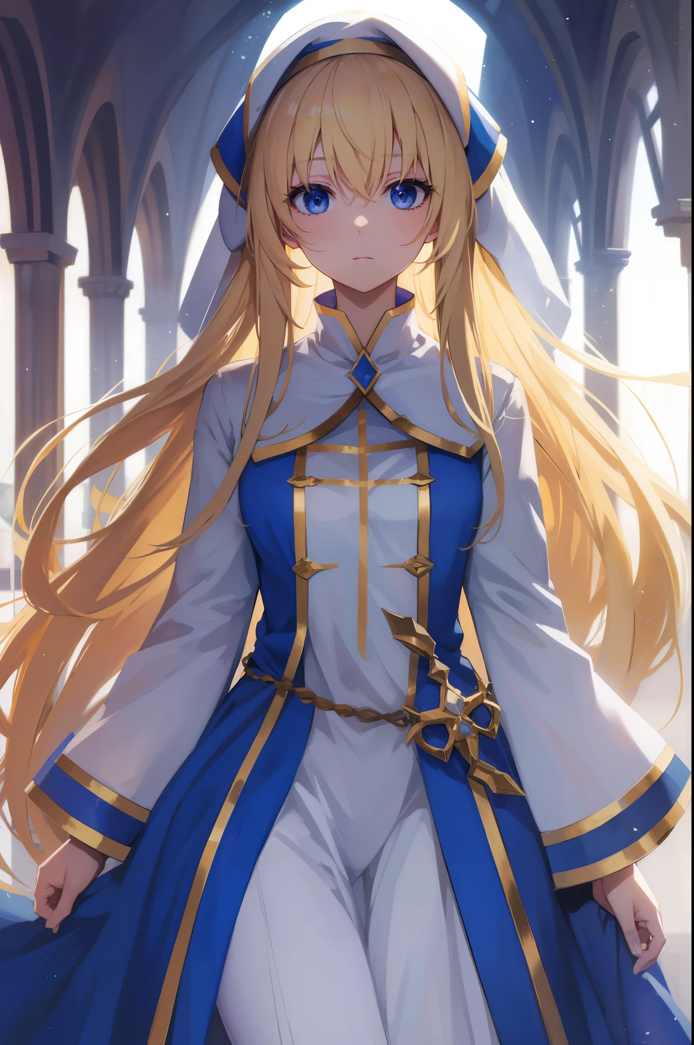 priestess, blonde hair, blue eyes, long hair, hair between eyes,