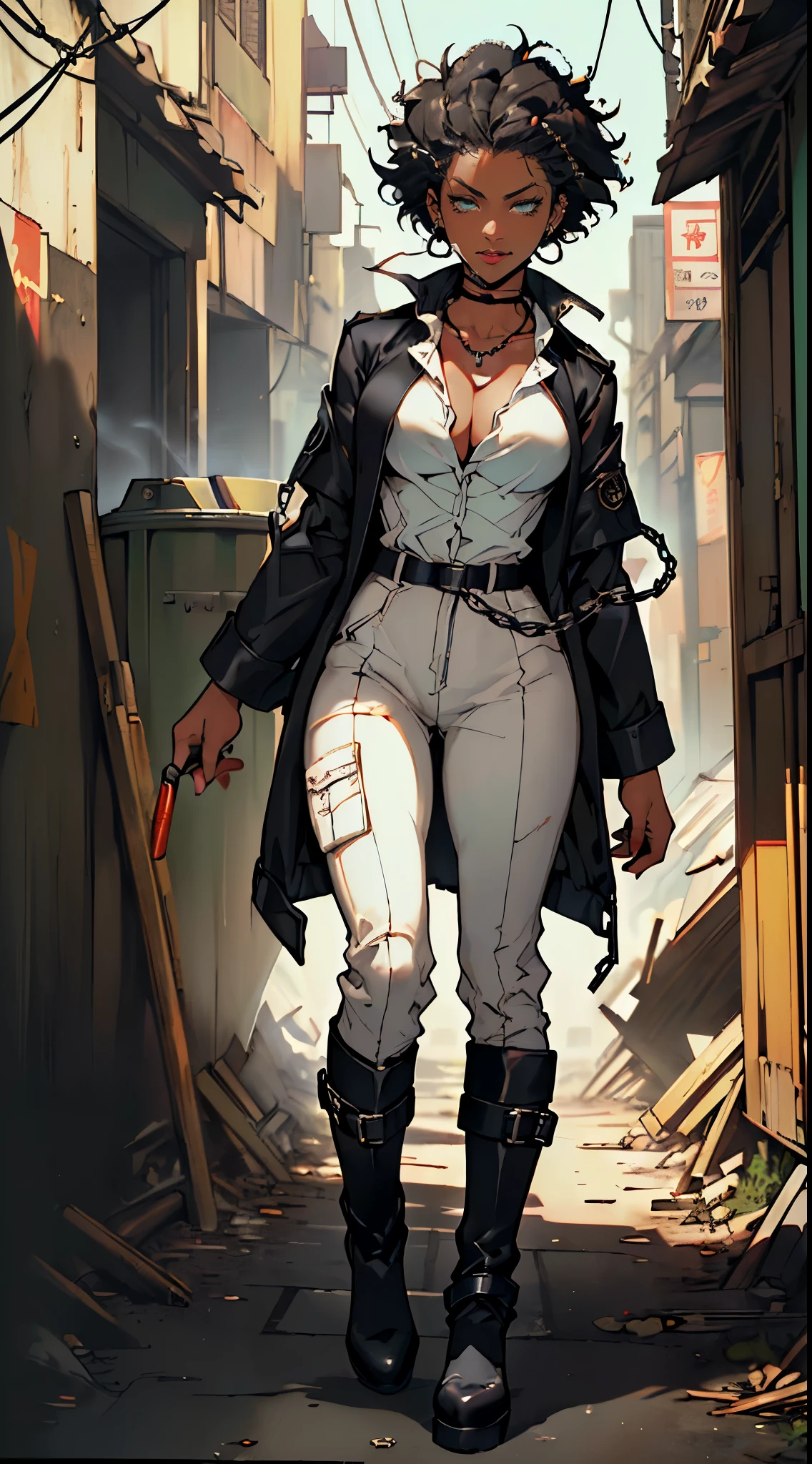 (((Masterpiece, hiquality, absurdress), 1girl, black hair, curly hair, Afro-curly hair, Green eyes, a perfect face, the perfect body, big breastes, sports body, short stature, (((very dark skin))), 独奏, Detailed eyes and face, makeup, red-lips, earings, ear piercings, unbuttoned black jacket, white shirt, breeches, black boots, Clavicles only, chain necklace, city slum background, by Amano Akira, cigarette, cigarette smoke, smoking, full - body