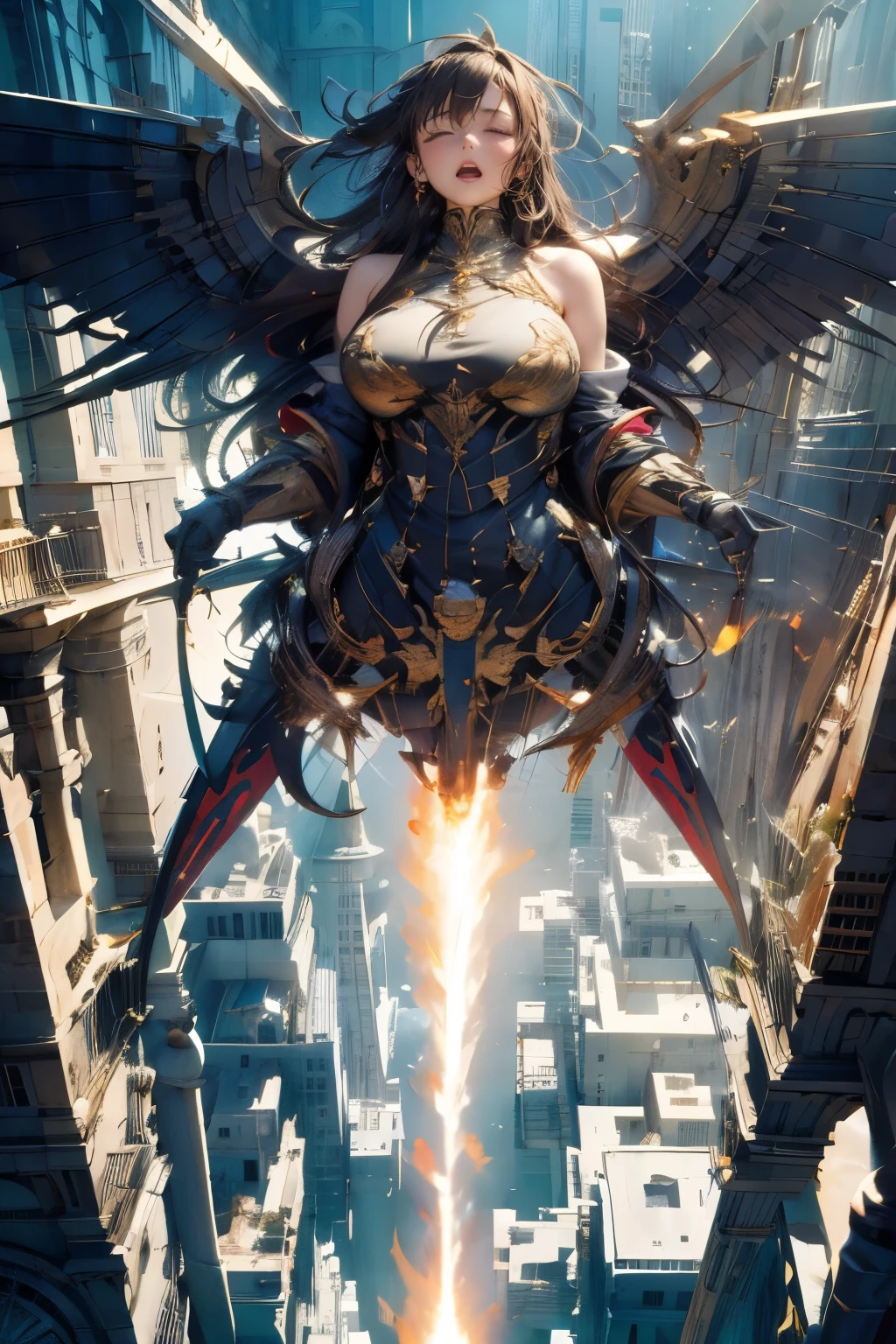 high-definition images, atmospheric perspective, 8k, super detail, accurate, best quality, looking away, aerial angle, (((huge god's weapon destroying humanity has from female face to shoulder outline relief embedded))), mechanical, complex body, (((the face reaches an orgasm when the weapon fires a thick beam directly below and destroys the ground)), drooping eyes, blush, ((sleepy)), open mouth,