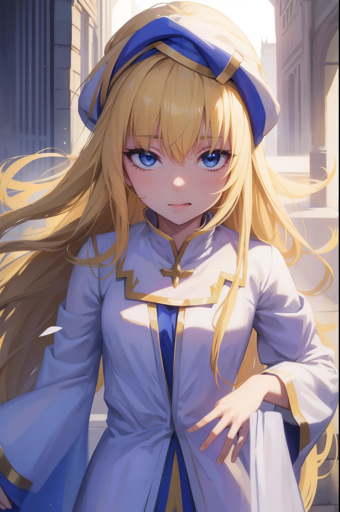 priestess, blonde hair, blue eyes, long hair, hair between eyes,ahg rolling eyes tongue