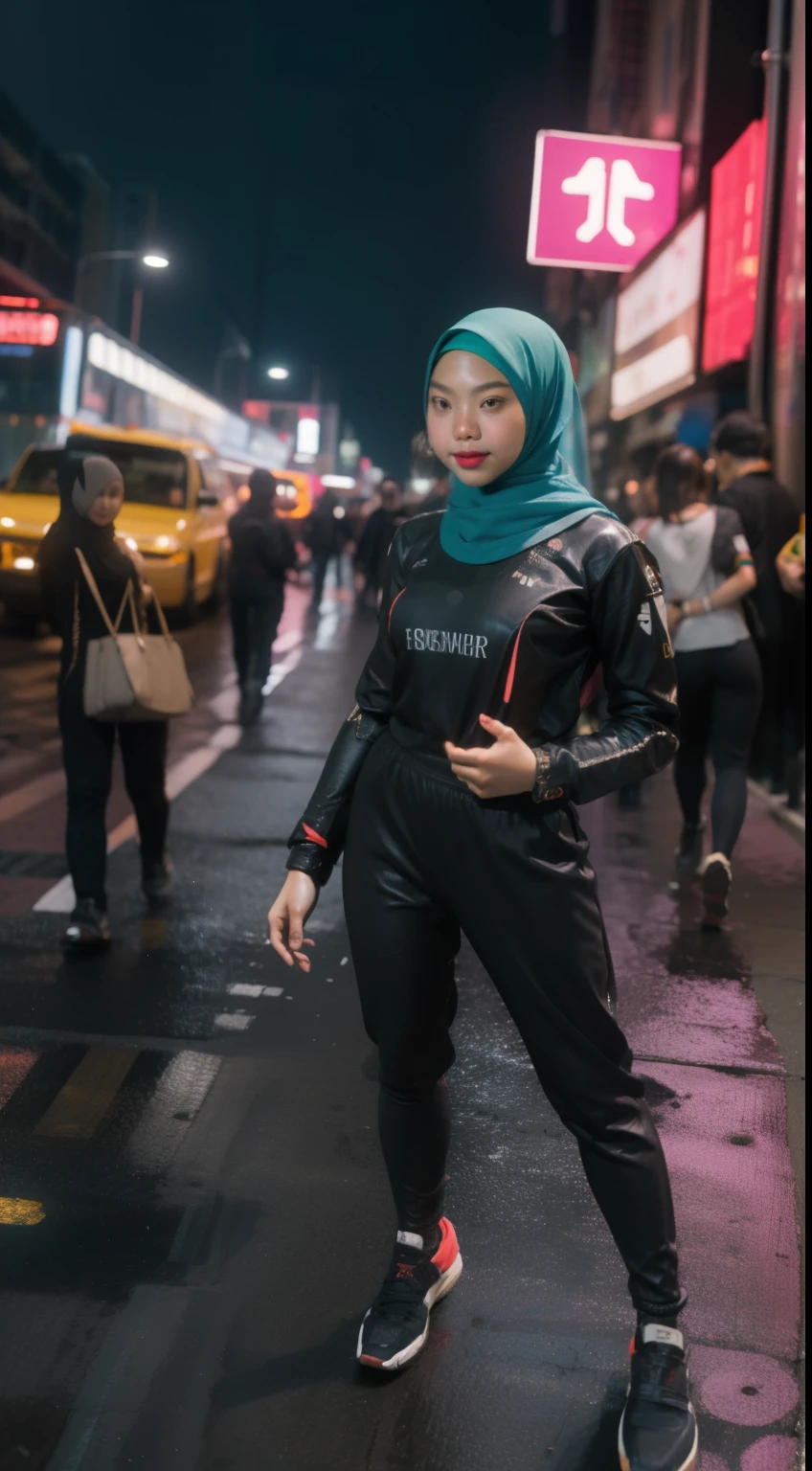 a malay teenage girl in hijab and mecha suit standing in action in front of bustling kuala lumpur malaysia city streets, serious face, nighttime, fisheye lens, establishing shot, pastel color grading, depth of field cinematography effect, film noir genre, 8k resolution, high quality, ultra detail