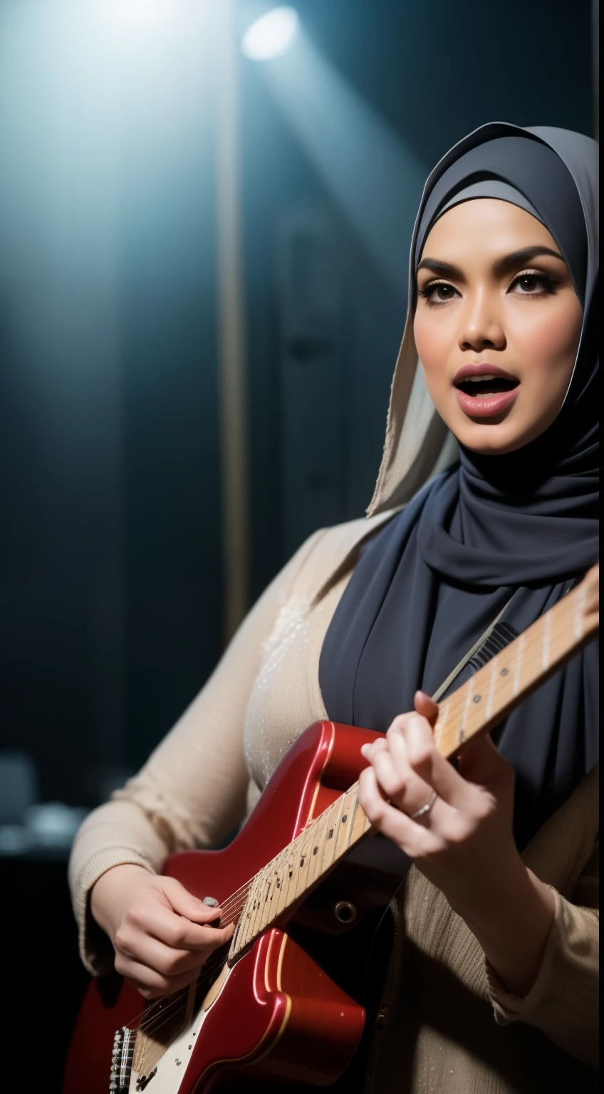 ((Hijab Malay girl)), Young sexy malay women in bikini with long spiky colorful punk hair singing rock song and playing electric guitar in waste disposal site, night, serious face, nighttime, in school of rock movie style, hyper - realistic photography, dramatic effect, smoke effect in background, dark color grading, full body, 8k, close - up shot, extreme close - up photo