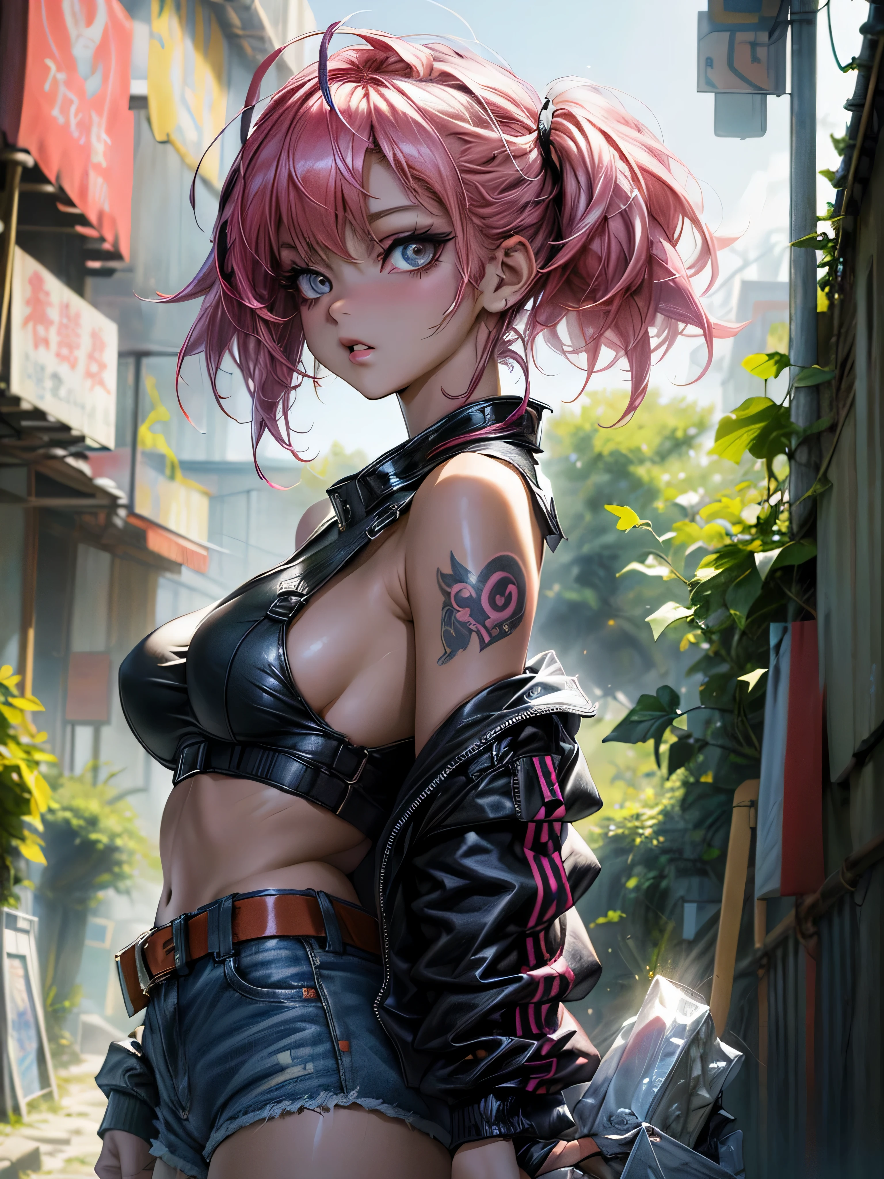 (top-quality、8K、32K、​masterpiece、nffsw:1.hotorealsitic:1.4),Portrait of an 18-year-old punk girl,A detailed eye、,Wacky punk hair,Radical punk fashion,Tank Tops、Wacky makeup、A pink-haired,、A lot of tattoos on the body,、Street background、Backlight effect、depth of fields,blurry backround,,,,,,,,,,,, Big Breast,