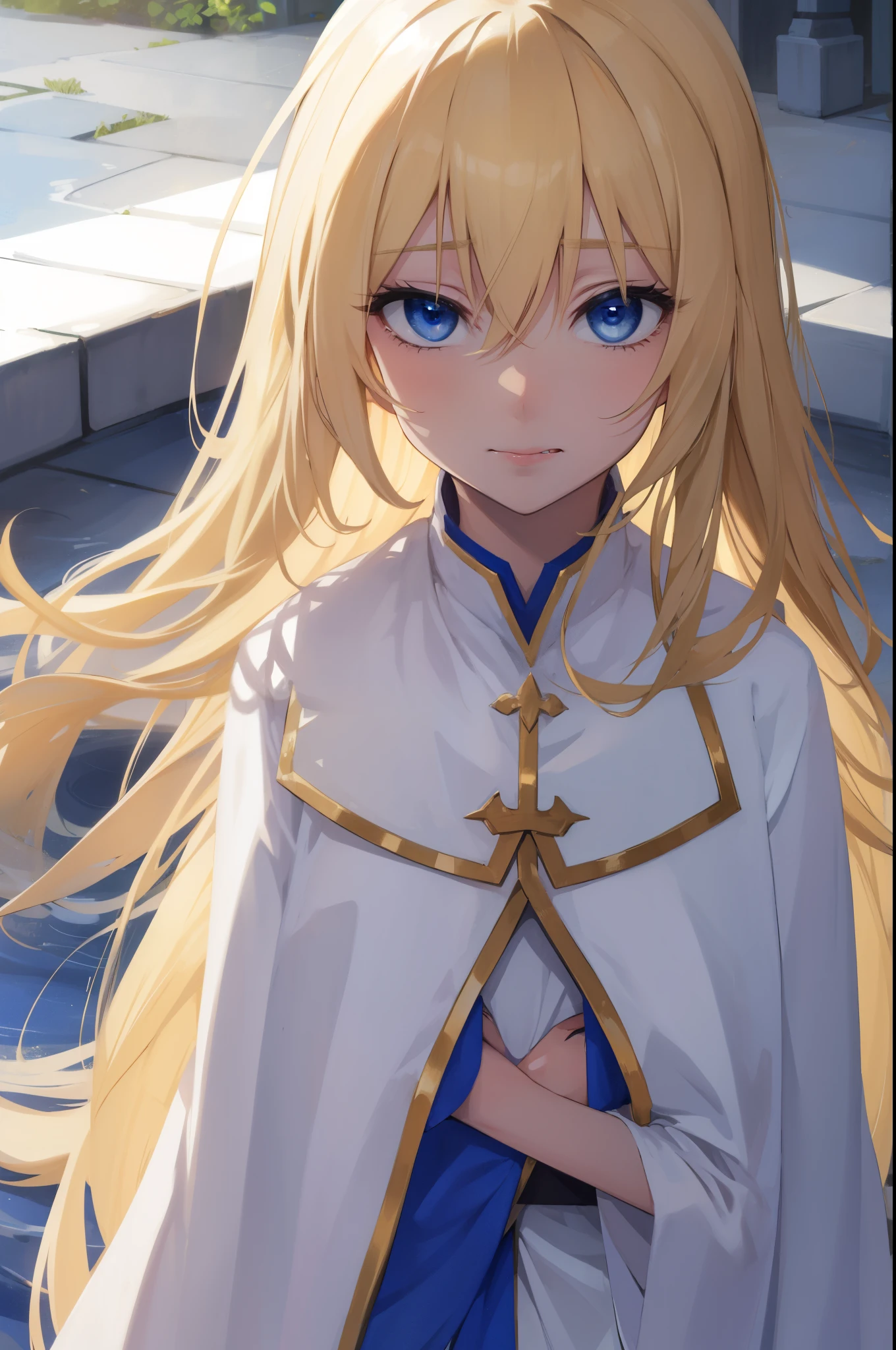 priestess, blonde hair, blue eyes, long hair, hair between eyes,ahg rolling eyes tongue