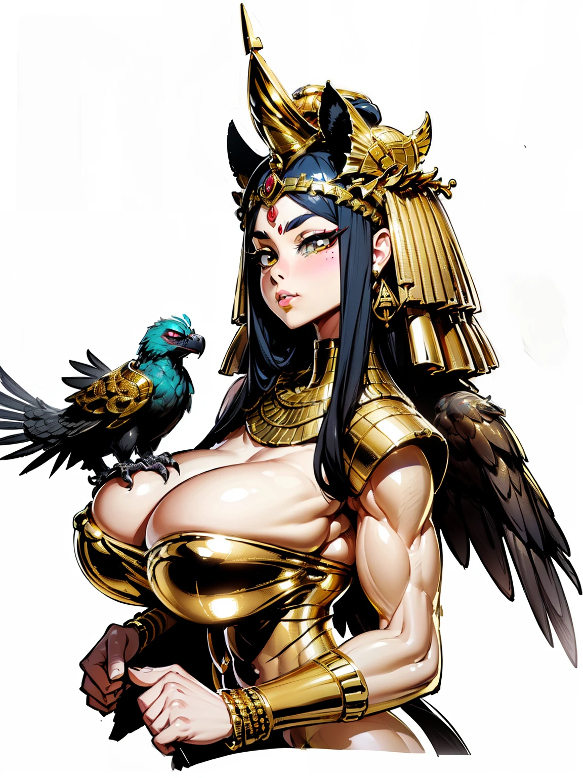 ((side profile)), ((full body view:1.4)), ((masterpiece)),(((best quality))), ((egyptian empress, mature face)), ((middle eastern eyes:1.4)), ((Vulture crown:1.4)), (((black hair)), defined cheekbones, high cheekbones, illustration, ((muscular:1.3)), ((gold:1.4)), sexy bimbo, (gigantic breasts:1.7) ((long Egyptian headpiece)), black hair, slender figure, ((detailed face:1.4)) beautiful woman, (egyptian:1.4), ((skindentation)), scribbles and marks,(puffy lips:1.4) , (temple: 1.5), rough sketches, pose, 8k,16k, ( background, white background: 1.3), ((ancient aesthetic))
