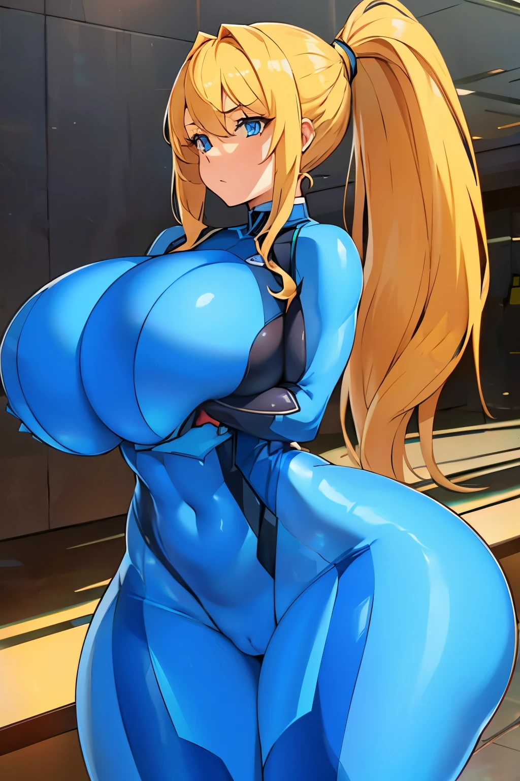 1girl, zerosuit, blonde hair, long hair, ponytail, blue eyes, gigantic breasts, wide hips, thick thighs, 8k, masterpiece