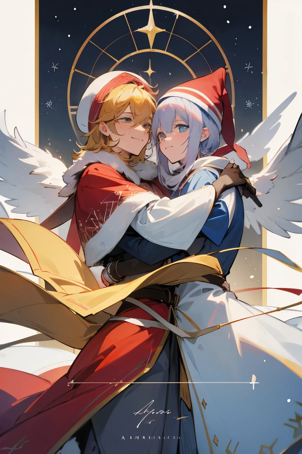 Sur un arrière-plan hivernal serein, deux personnages homme gayd'anime prennent vie, chacun paré d'une touche festive. Le premier, aux cheveux bruns, porte un vif bonnet de Noël rouge qui s'accorde avec la rougeur de ses joues provoquée par le froid. Tenant délicatement de la neige dans ses mains, il capture l'essence enchanteresse de la saison. Son sourire chaleureux est accentué par des yeux pétillants d'excitation. le deuxième personnage, aux cheveux blonds, arbore également un bonnet de Noël, mais de couleur verte. Ses yeux s'illuminent de bonheur tandis qu'il partage le moment festif avec son ami. Tenant une feuille de papier, le personnage blond affiche les mots "Merry Christmas" dans une calligraphie joyeuse.