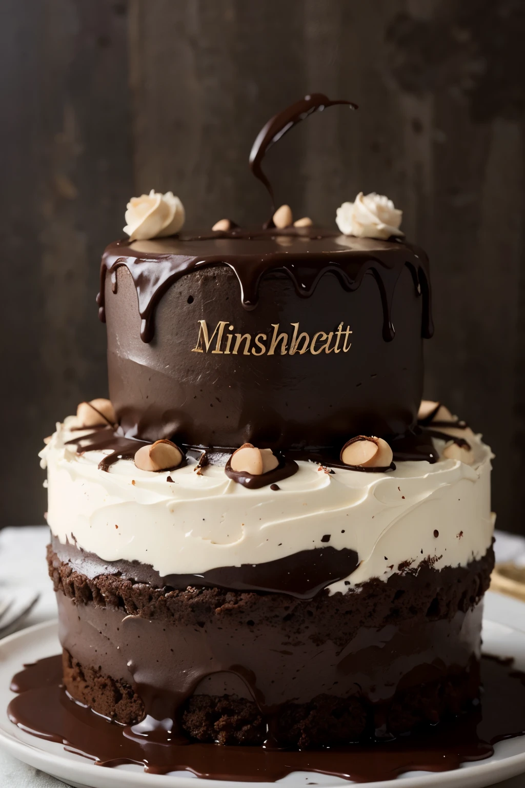 Imagine a decadent three-tiered chocolate cake, rich and moist. The top layer is adorned with a glossy chocolate ganache that gracefully drips down the sides. On one side, delicately crafted chocolate curls form the name "Khaled," while on the other side, elegant chocolate roses spell out "Minoushika Lisishka." The cake is a symphony of flavors, combining layers of dark chocolate, velvety cocoa, and a hint of hazelnut, creating a truly indulgent treat.