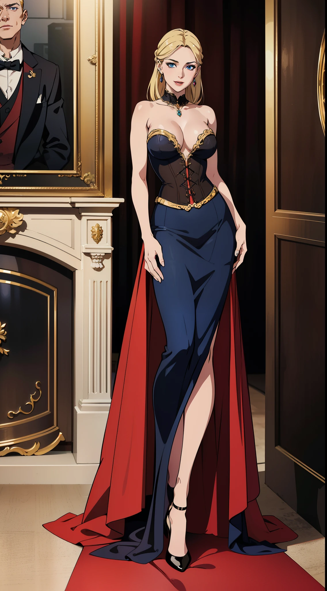 high quality fingers, normal hands, detailed fingers, masterpiece, (realistic, photo-realistic:1.37), (full body:1.5), High-end editorial-style photoshoot highlighting the beauty of a woman with blonde hair and bright blue eyes, dressed in a chic red and black corset, thin waist, seductive smile, large tits, perfect body, perfect face, (full body:1.5), set within the refined atmosphere of a Victorian ballroom. Stylish, elaborate jewelry made with expensive gems.