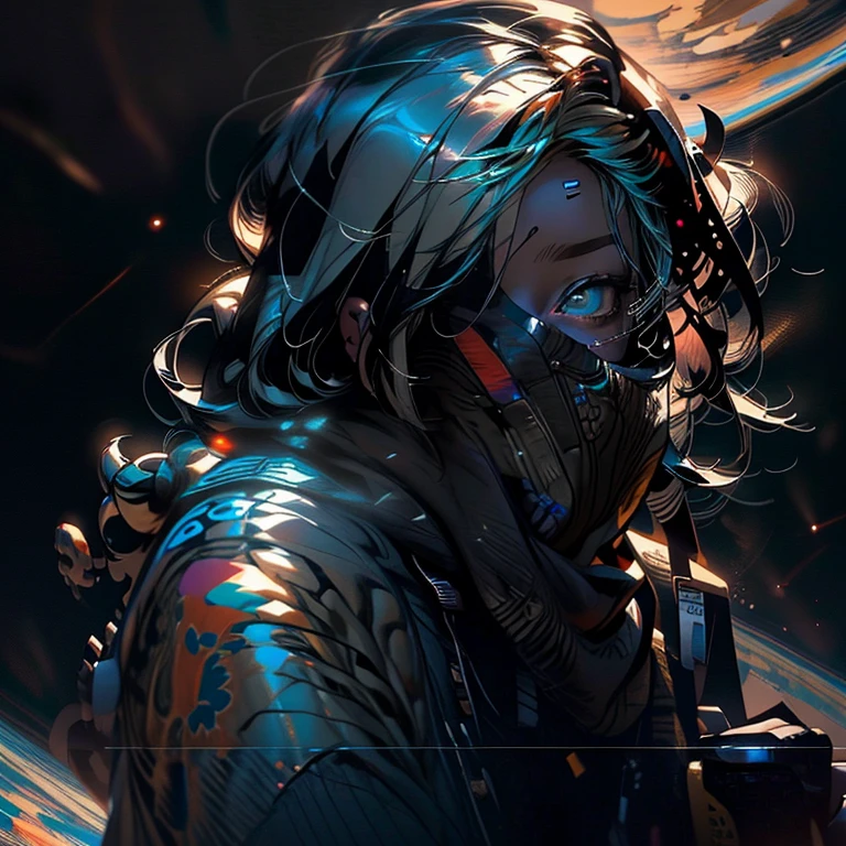 ((ultra real detalhado.O astronauta) (master part, Qualidade Superior, best quality, arte oficial, Beauty and Aesthetics: 1.2), Very detailed, colorido, mais detalhado, Ramos, O astronauta, (Mards)O astronauta(Canyons), (Futuro traje espacial de linho), Postura de luta raivosa, looking at the floor, Batik bandana de linho, Crane Standard Long Sleeve Garment, Desfiladeiro do Astronauta(Respingo abstrato de propileno:1.2), Dark clouds lightning background,Sprinkle with gold dust(realista:1.4),cabelos de cor preta,Fluttering flour,rainbow background, A high resolution, O detalhe, Fotogr RAW, sharp re, Nikon D850 Film Stock Photo by Jefferies Lee 4 Kodak Portra 400 F1 Camera.6 tiros, cores ricas, Texturas vivas ultrarrealistas, dramatic lighting, Tendência Unreal Engine Art Station, Cinestir 800,flowing black hair,(((Mards)))