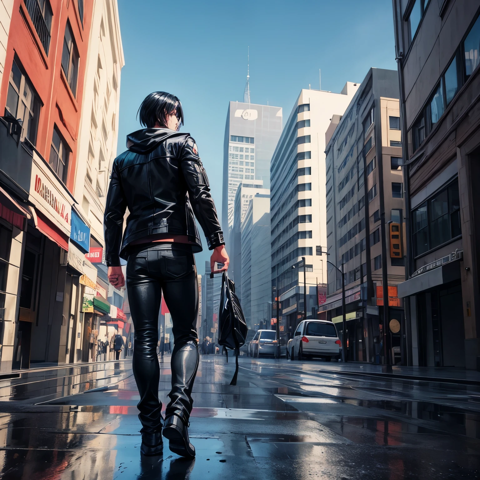 Look like Leon kennedy black hair black hood black jacket gray t shirt black jean alone walking on street back side Animation 3d