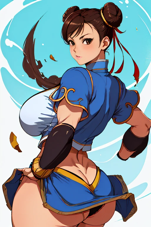 (Best Quality, 8k, 32k,1 Girl, Gigantic Breasts, Thick Thighs, Super Wide Hips, Huge Ass, Perfect Body, Ultra Detailed Face, Brown Hair, Red and Black Panties, Lace Panties, Chun Li, Stuck Hair, Two Buns in Hair.