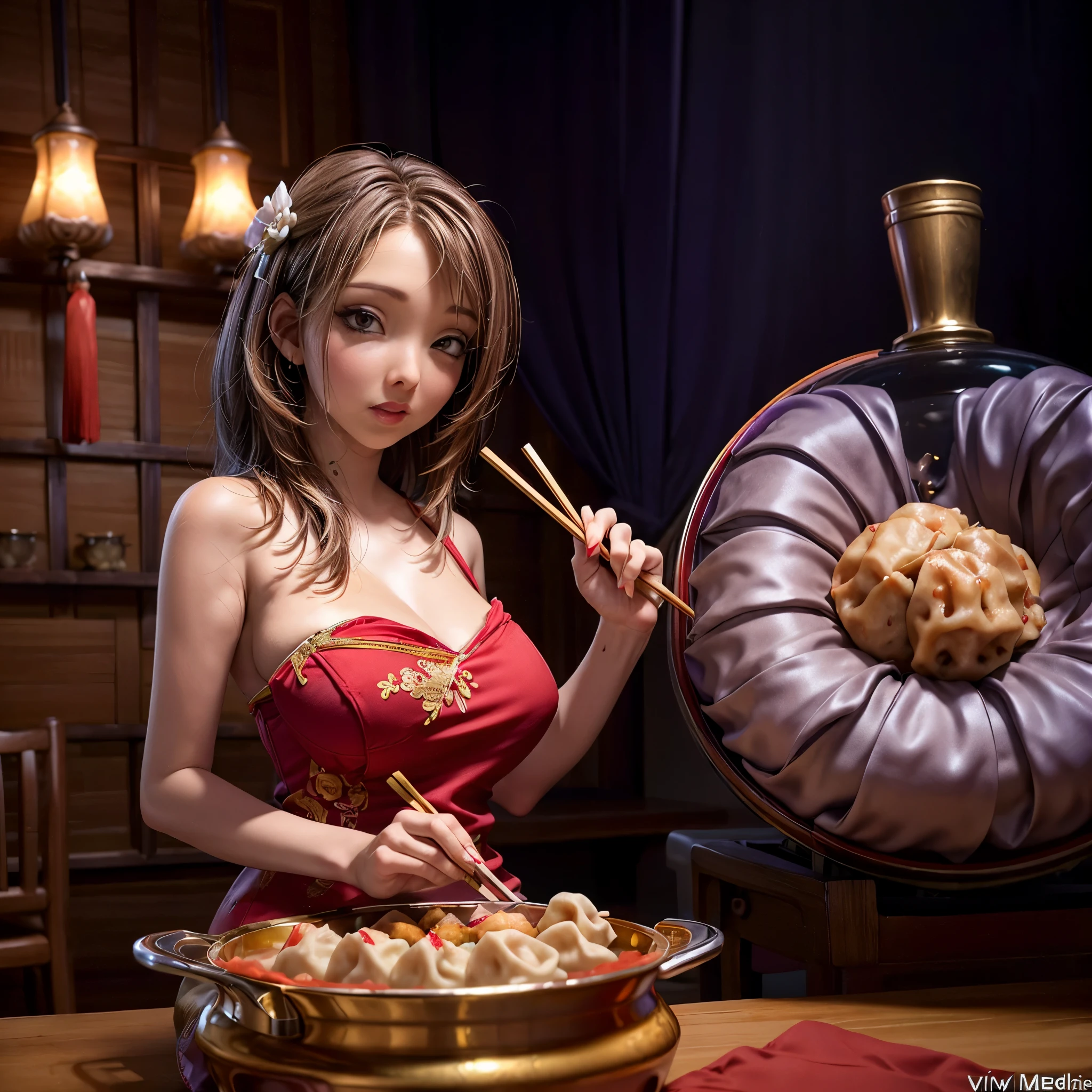 (luciewilde, table, romantic dining room, sensually offering viewer dumplings using chop sticks, violet dress with intricate gold embroidery, medium:1.1, vivid colors, soft lighting, bokeh) a Chinese hotpot is boiling near