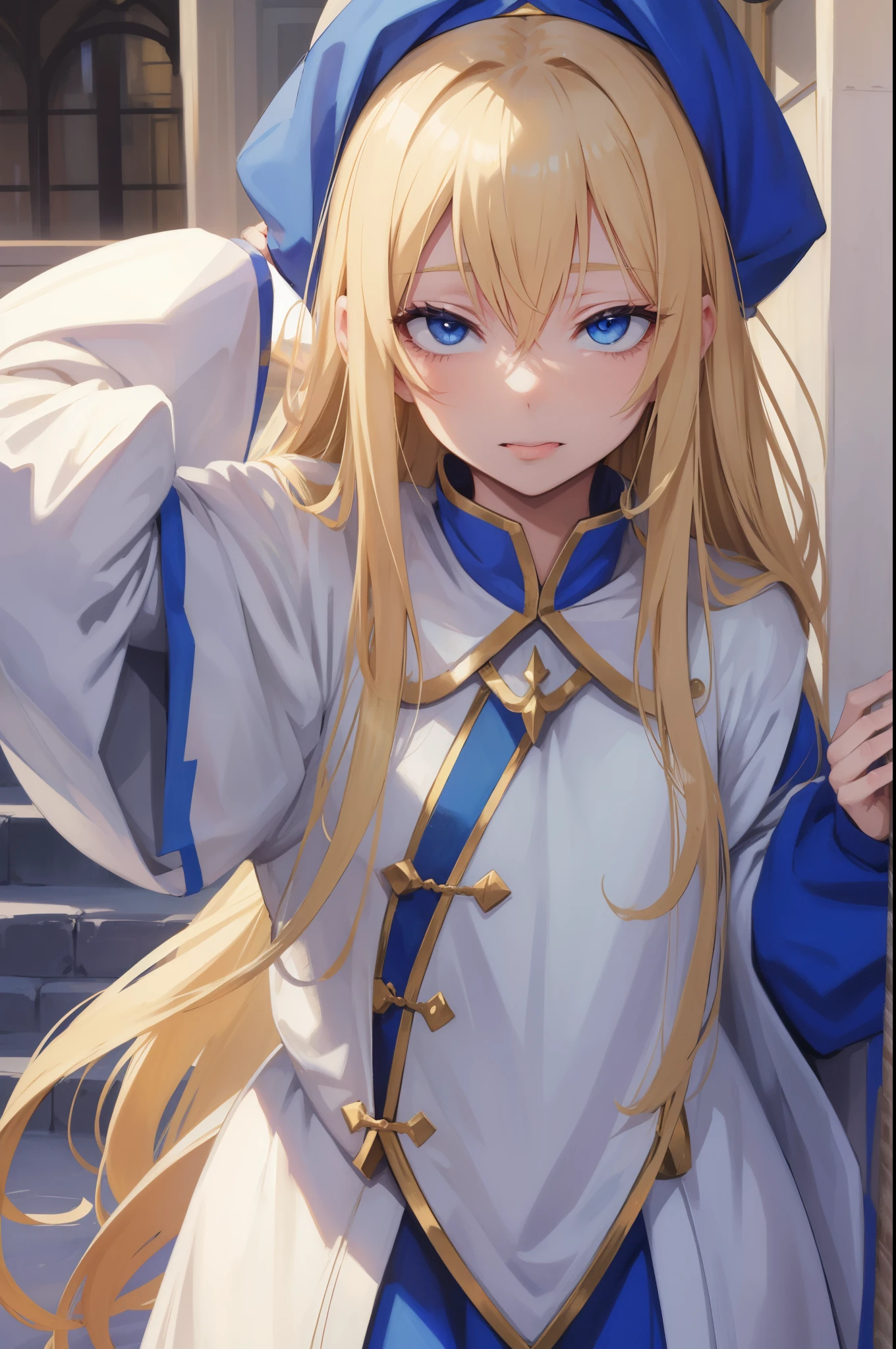 priestess, blonde hair, blue eyes, long hair, hair between eyes,ahg rolling eyes tongue