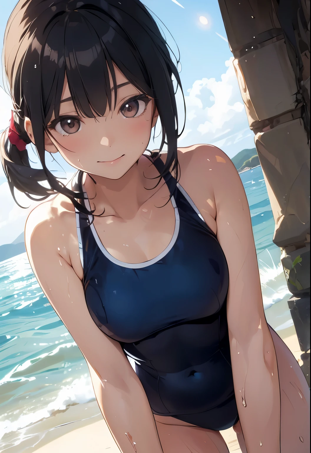 (masterpiece:1.2), (best quality:1.2), ultra-detailed，beautiful artwork，(8K wallpaper)、​(exquisite lighting and shadow)、(highly dramatic picture)、(cinematic lens effects)、the young girl is wearing school swimsuit， and there is also a person in dark blue school-swimsuit, 1girl, swimsuit, solo, (dark blue school swimsuit:1.3), one-piece swimsuit, smile, brown eyes, covered navel, black hair, looking at viewer, water, breasts, barefoot, outdoors, black hair, (pony tail)，shiny clothes, competition school swimsuit, day, small breasts, bangs, shiny, (wet:1.2)，light sparkles，(evil smile)，(straggling hair)，(lens flare:1.1)，(open stance:1.1)，(Resting chin in hand)，(dutch angle)，(all fours:1.2)，(sweat:1.2)，(tsurime)，(head tilt)，(sand beach)，(head rest:1.1)，(brown eyes:1.1)