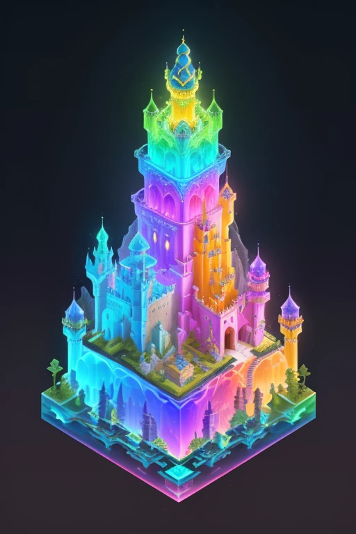 Transparent castle close-up，There is treasure on it, isometric view of a wizard tower, isometric palace, cyberpunk castle, Isometric 3D fantasy, colourful biomorphic temple, intricate rainbow environment, Floating palace, Neon ancient ruins, isometric island in the sky, Cloud Palace, Sacred City | illustration, colorful concept art, incredible isometric screenshot