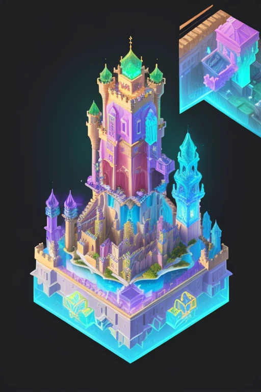 Transparent castle close-up,There is treasure on it, isometric view of a wizard tower, isometric palace, cyberpunk castle, Isometric 3D fantasy, colourful biomorphic temple, intricate rainbow environment, Floating palace, Neon ancient ruins, isometric island in the sky, Cloud Palace, Sacred City | illustration, colorful concept art, incredible isometric screenshot