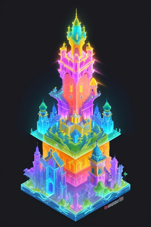 Transparent castle close-up，There is treasure on it, isometric view of a wizard tower, isometric palace, cyberpunk castle, Isometric 3D fantasy, colourful biomorphic temple, intricate rainbow environment, Floating palace, Neon ancient ruins, isometric island in the sky, Cloud Palace, Sacred City | illustration, colorful concept art, incredible isometric screenshot