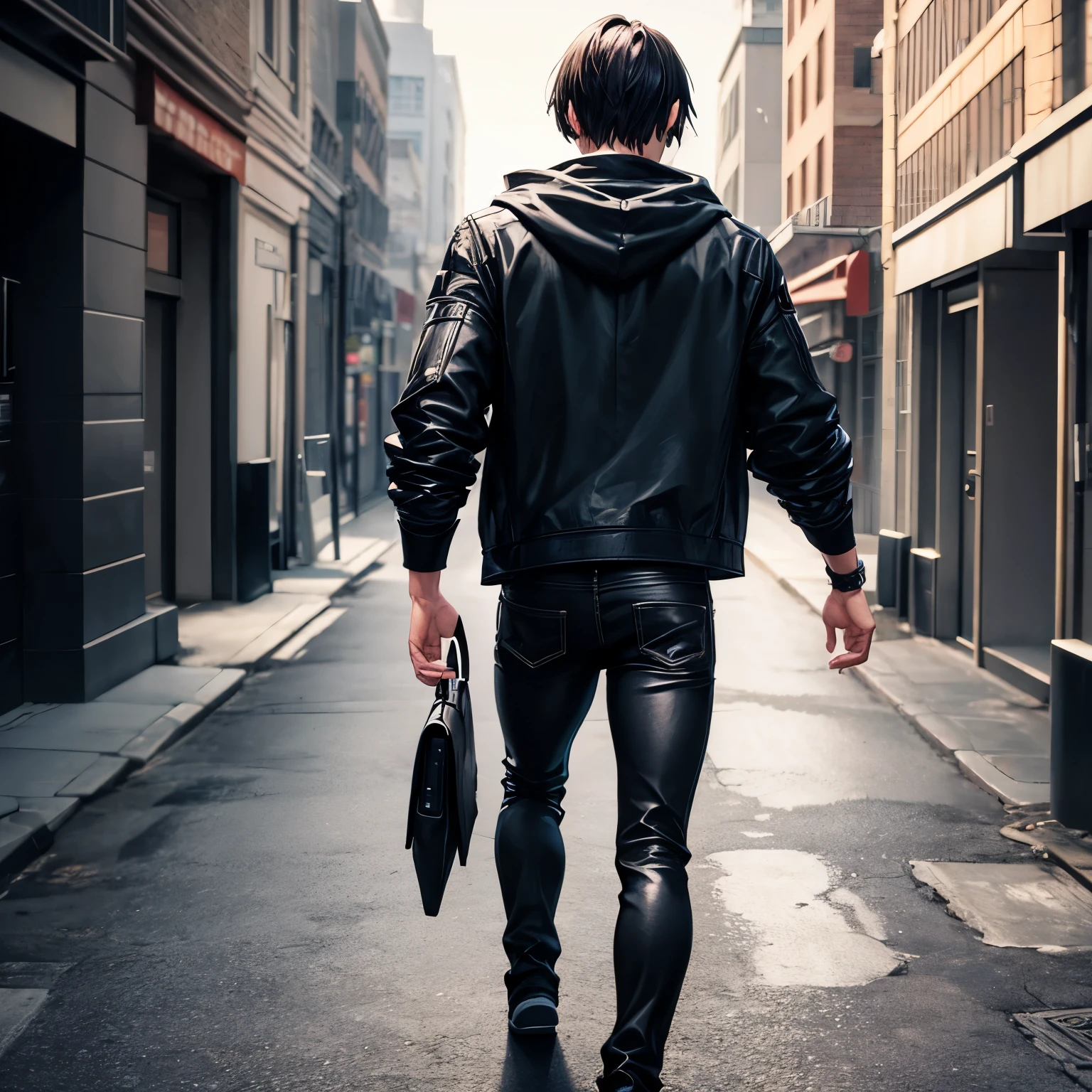 Look like Leon kennedy black hair black hood black jacket gray t shirt black jean running on street back side look Animation 3d