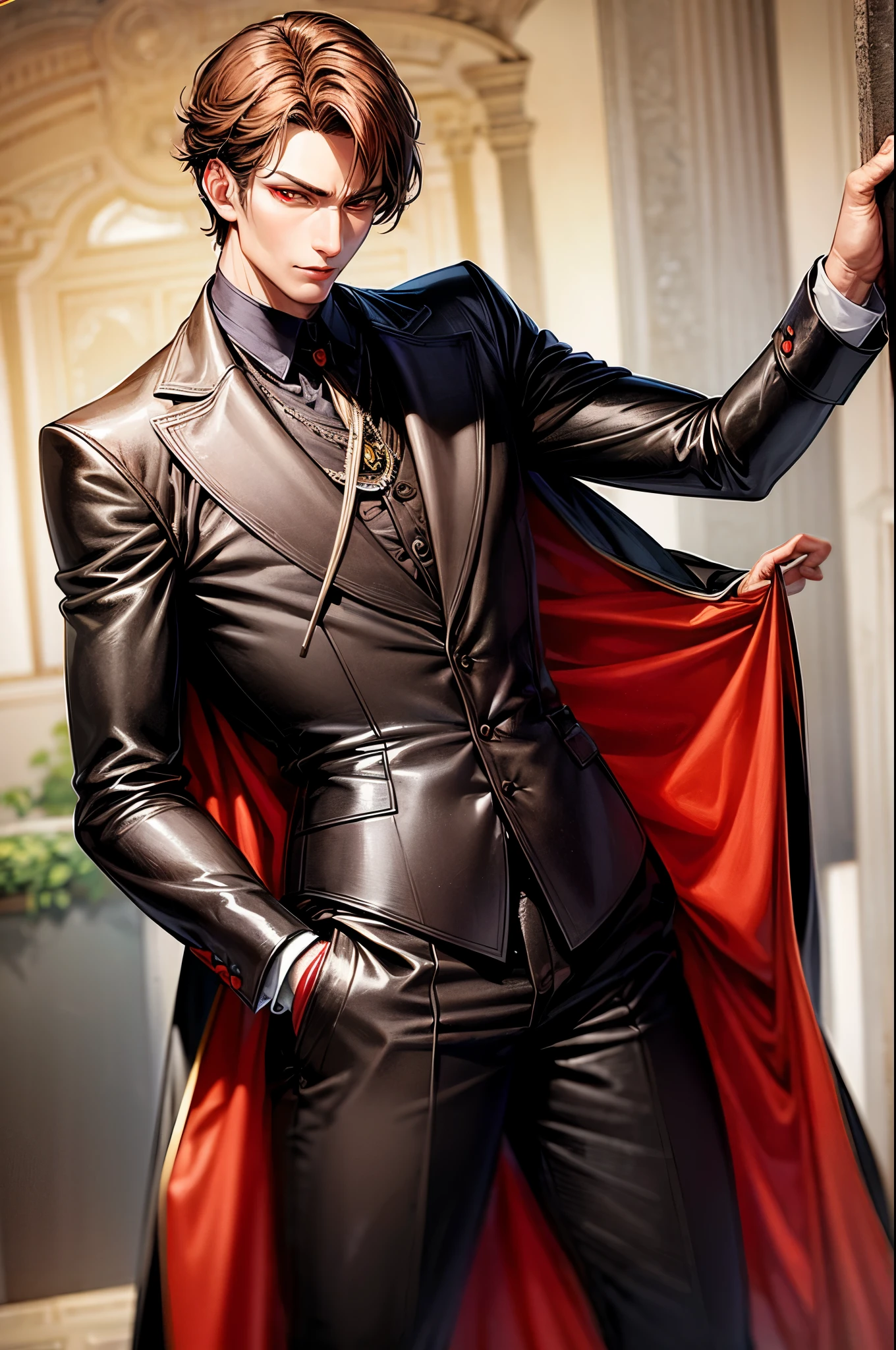 (flat color:1.1),(masterpiece:1.2), best quality, masterpiece, original,short brown hair, mature elegant and handsome man with red eyes, wearing victorian vampire hunter outfit