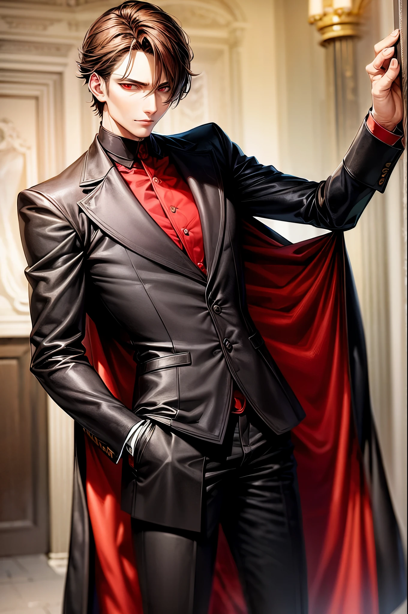 (flat color:1.1),(masterpiece:1.2), best quality, masterpiece, original,short brown hair, mature elegant and handsome man with red eyes, wearing victorian vampire hunter outfit