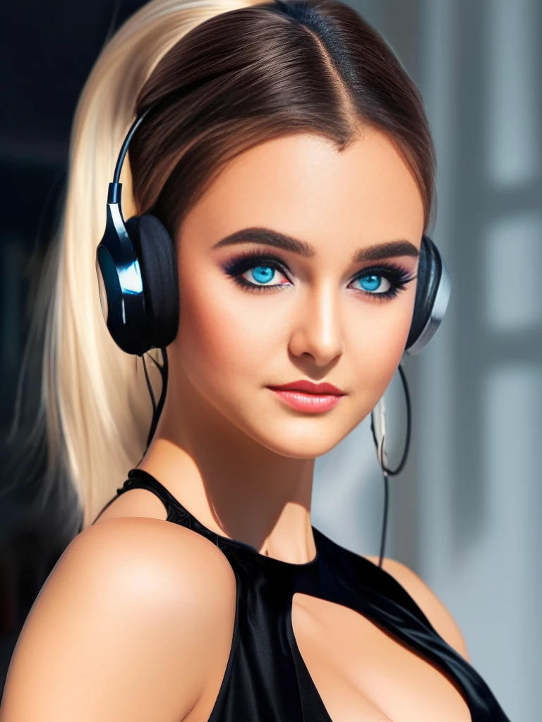 beautiful demon girl wearing headphones, low cut long black dress, stunning eyes, ultra realistic HD image