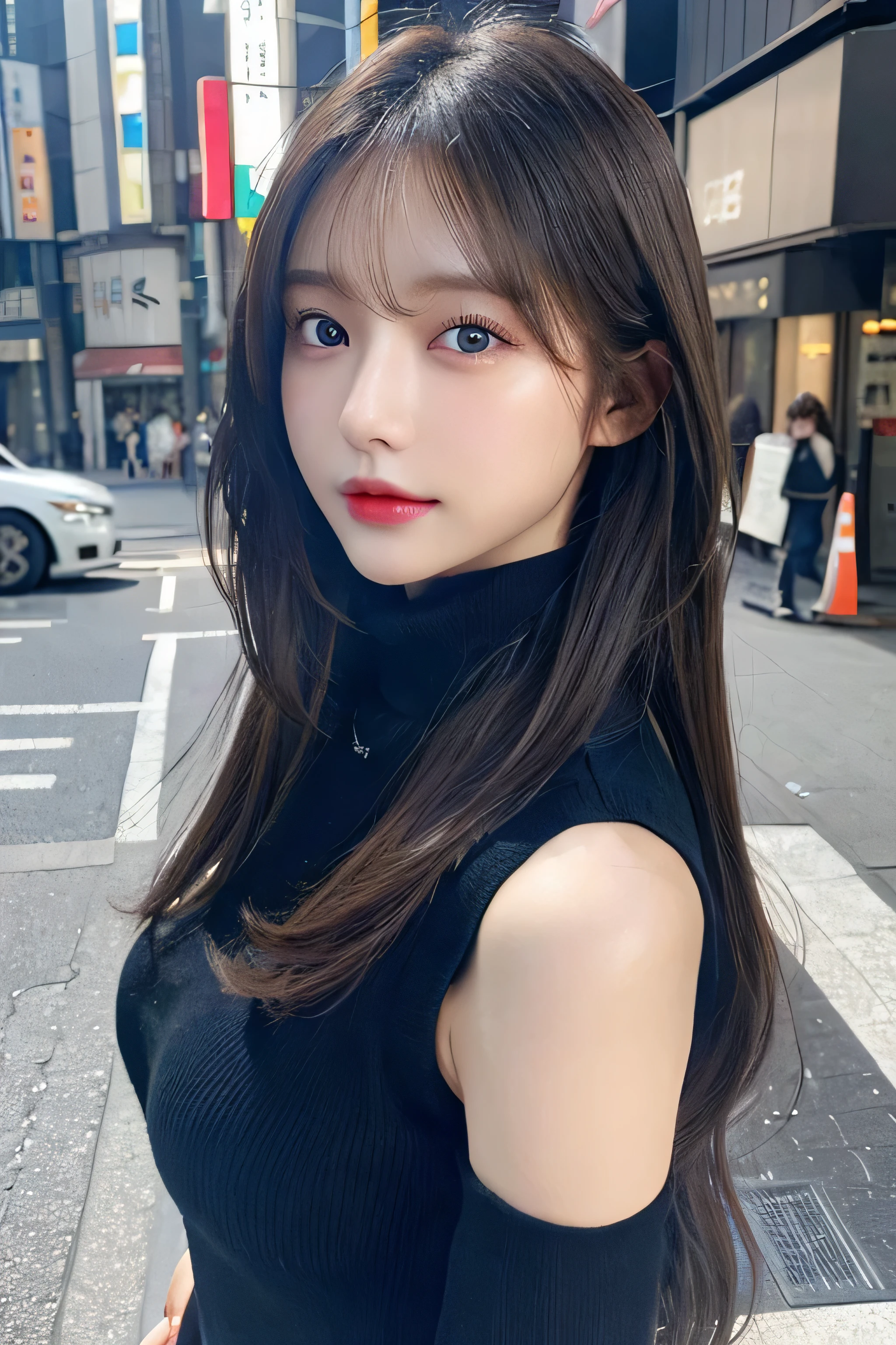 (huge tit、Turtleneck knitwear、Shoulder Bag)、(top-quality,​masterpiece:1.3,超A high resolution,),(ultra-detailliert,Caustics),(Photorealsitic:1.4,RAW shooting,)Ultra-realistic capture,A highly detailed,high-definition16Kfor human skin、 Skin texture is natural、、The skin looks healthy with an even tone、 Use natural light and color,One Woman,white european,,kawaii,A dark-haired, black long hair,(depth of fields、chromatic abberation、、Wide range of lighting、Natural Shading、)、(Hair swaying in the wind:1.2)、Streets of Tokyo, red glossy lips, dark long hair, blue or green eyes