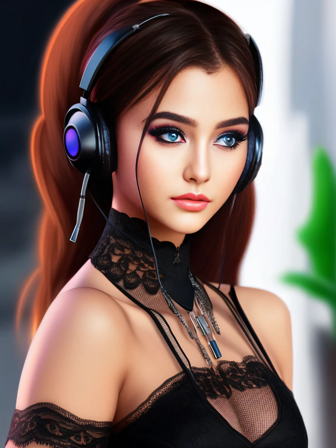 beautiful demon girl wearing headphones, low cut long black dress, stunning eyes, ultra realistic HD image