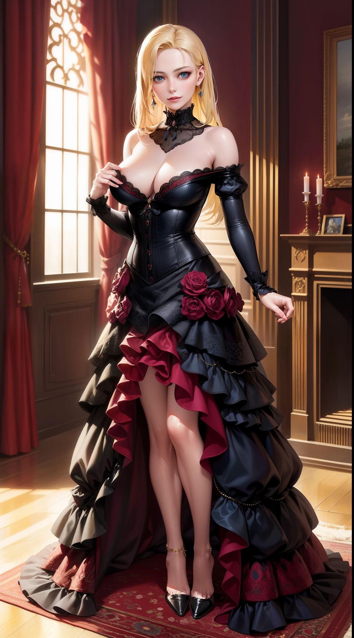 high quality fingers, normal hands, detailed fingers, masterpiece, (realistic, photo-realistic:1.37), (full body:1.5), High-end editorial-style photoshoot highlighting the beauty of a woman with blonde hair and bright blue eyes, dressed in a chic red and black corset, thin waist, seductive smile, large tits, perfect body, perfect face, (full body:1.5), set within the refined atmosphere of a Victorian ballroom. Stylish, elaborate jewelry made with expensive gems.