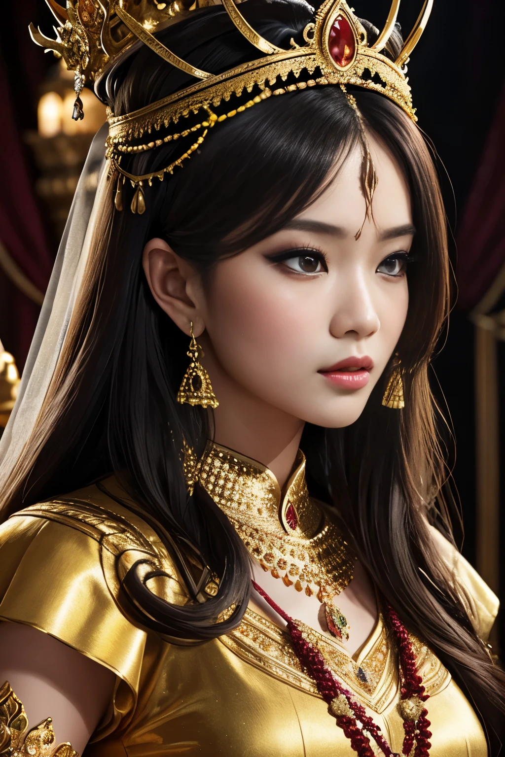 Photorealistic UHD 8k resolution of a beautiful royal thai lady, adorned in a detailed and ornate traditional attire resembling traditional royal thai clothing, including a crown-like headpiece and the demon beast, he has muscular physique,protecting the lady, surrounded by highly detailed floral patterns.