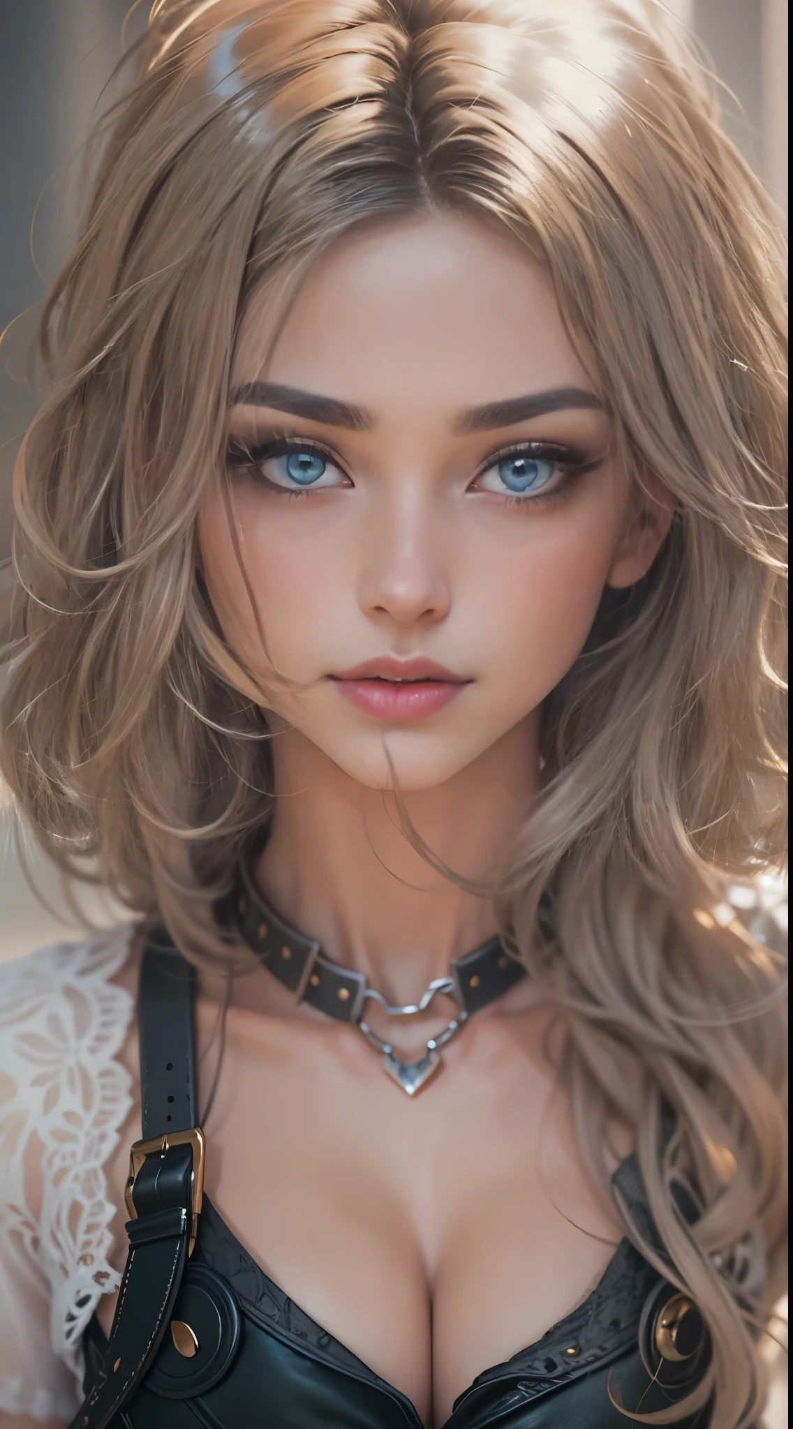 ((8k, HDR, Full body, entire figure, Beautiful European girl 25 years old, round face, closeup, slim body, intense blue electric eyes, detailed eyes, black hair, very long hair, Perfect proportions, gigantic breast, dynamic pose, look at the camera)), ((Masterpiece, highest best quality, realistic photos, ultra-detailed, ultra-intricated)), (movie lighting, complex), Create a captivating artwork with a soft BDSM theme. The protagonist is a stunning girl with intense blue eyes and long, wavy chestnut hair. Dressed in all black, she wears leather accessories, including a collar with a delicate chain, stockings, and high-heeled shoes. The atmosphere should exude sensuality, with subtle hints of the BDSM aesthetic. Set the scene in a dimly lit room, emphasizing shadows and highlights to enhance the overall allure. The focus should be on her expressive eyes and the suggestive elements of her attire, conveying a sense of soft intrigue and allure.