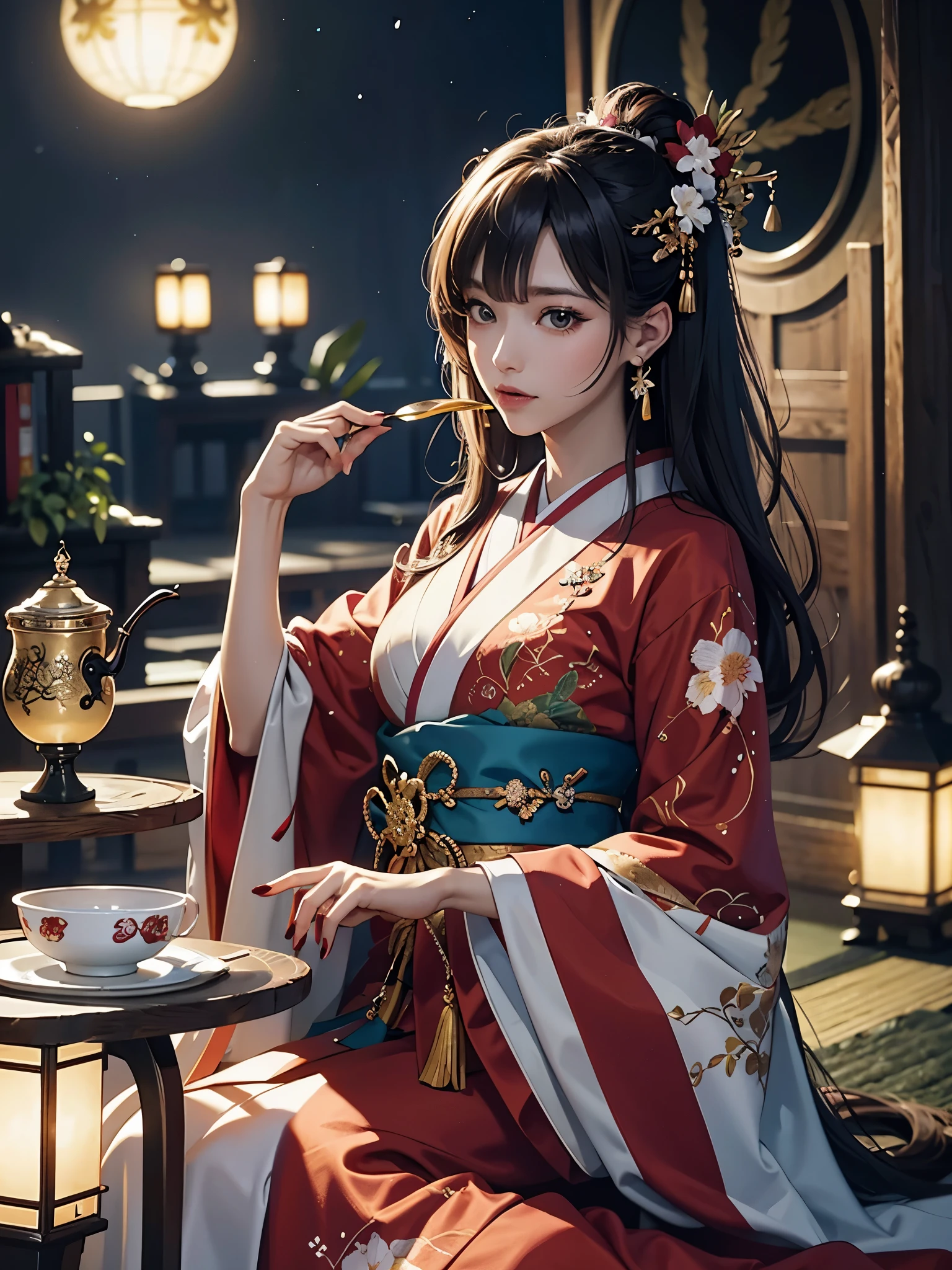 (masutepiece, of the highest quality, Best Quality, Official art, Beautiful and aesthetic:1.2), (1girl in),elaborate costume(Luxurious Japan kimono(Colorful kimono(detailed embroidery))), ighly detailed,(Fractal Art),Colorful,highest details,Western castle at night in the background,Have a tea party,have a christmas cake