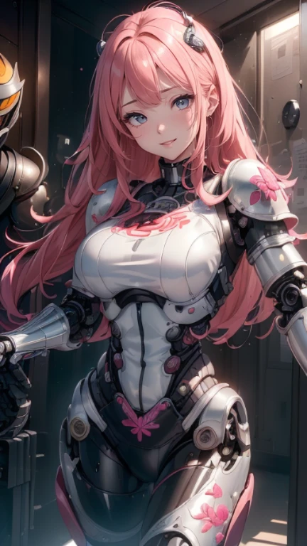 ((1chica en:1.5),(Embroidered cybernetic body:1.5),pechos grandes y llenos,(Mechanical Armor:1.5)),(the highest picture quality, Excelentes detalles, Ultra-high resolution, (realismo: 1.4), Las mejores ilustraciones, Detalles del favor, Muy condensado 1 chica,una sonrisa、(presencia:1.5),(dynamic:1.5),(audaz:1.5)),(cabello fino:1.8),(cabello largo suelto、cabello rosado:1.5),(Flequillo largo barrido:1.5),Stretching over one eye,background is a high-tech lighting scene of futuristic city