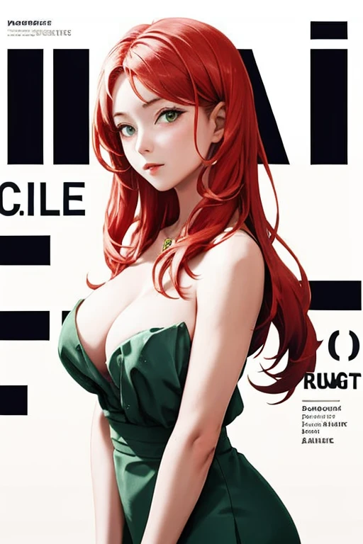 (masterpiece, best quality:1.3), english text, cover, 1girl, upper body, red hair, green dress, looking at viewer,