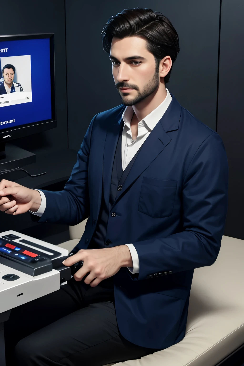 Create a male doctor with dark hair, short hair and a short beard., who does ultrasound on a Sonyscape machine