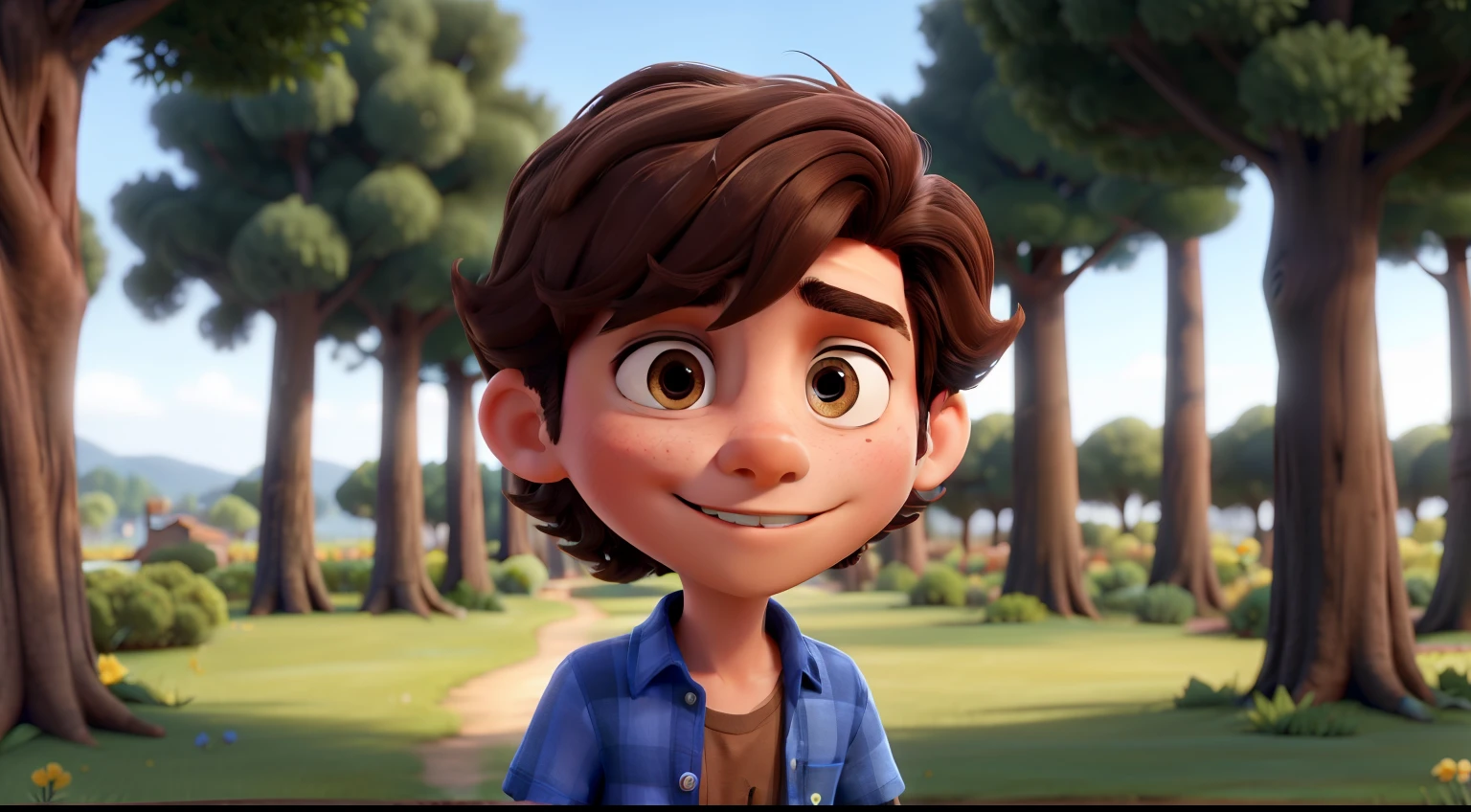 A wealthy prince, he has brown hair parted in the middle, wears a stylish blue shirt, and has brown eyes. "In the background, there are many trees and bushes."