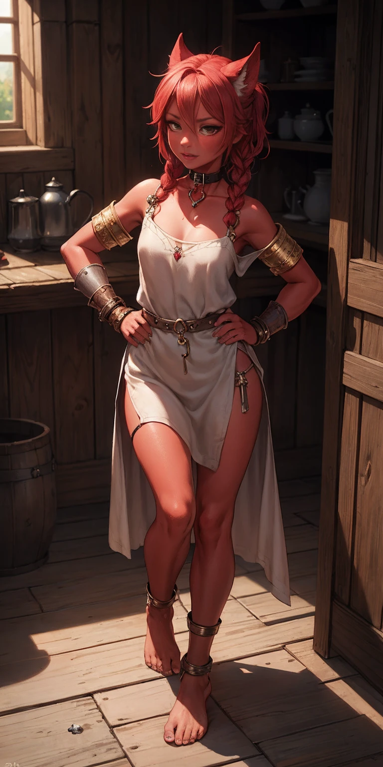 full body, barefoot, Solo, female, (red skin), linen tunic, fantasy village, armor, slave, bracers, shackles, choker, Handcuffs on their hands, With a collar around the neck, hands on hips,