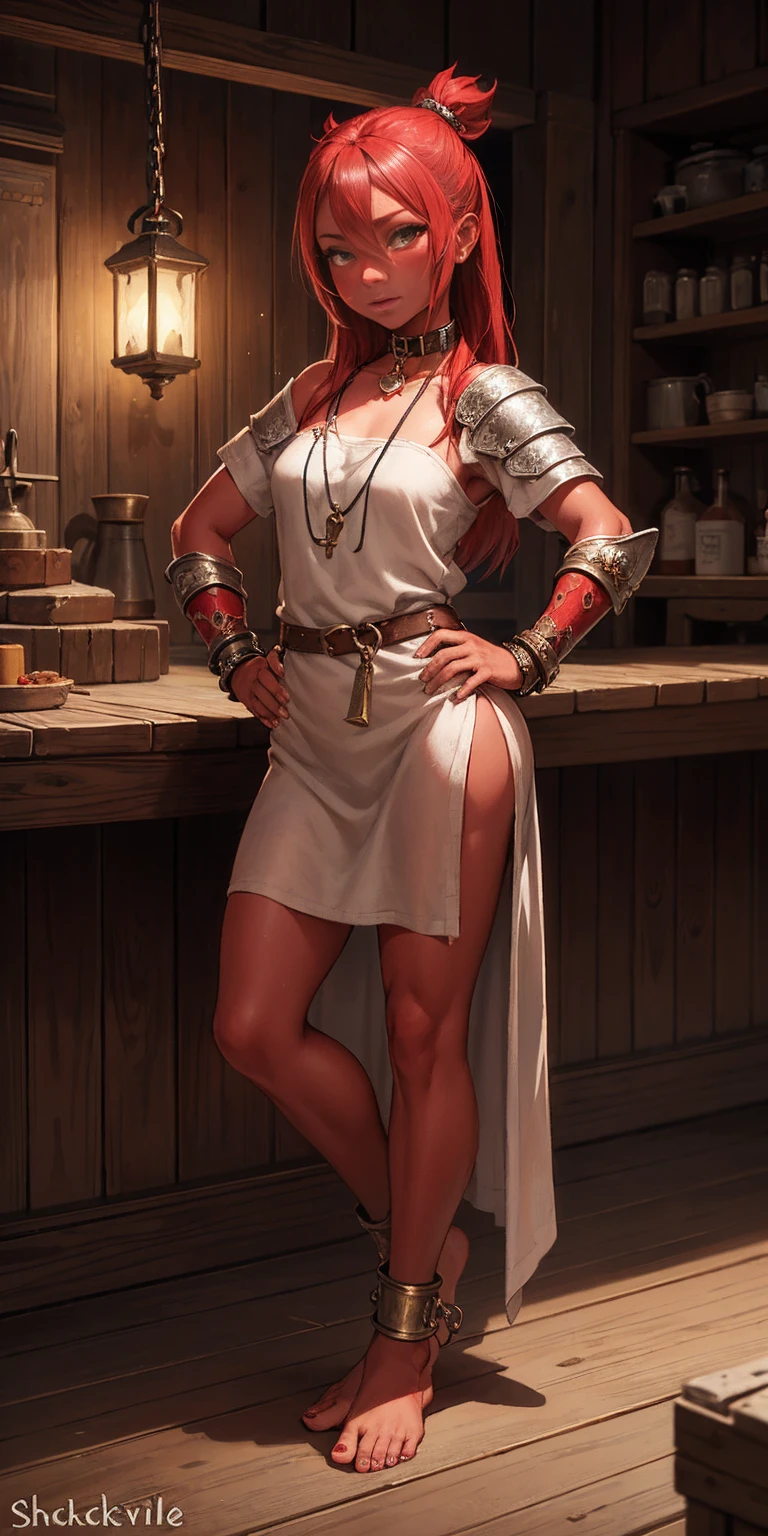 full body, barefoot, Solo, female, (red skin), linen tunic, fantasy village, armor, slave, bracers, shackles, choker, Handcuffs on their hands, With a collar around the neck, hands on hips,