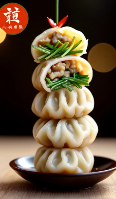 (best quality,ultra-detailed),photorealistic:(1.37),vivid colors,studio lighting,bokeh,closeup,tabletop
dumplings,food,Chinese cuisine,delicious,steamed dumplings,white,round shape,with filling,pork,shrimp,vegetable,juicy,aromatic,steamer,stacked,precise,handmade,evenly pleated,wrappers,glistening,steam rising,delicate,balancing act,stacked together,stable,precariously,stacked on top,two at the bottom,two on top,symmetrical arrangement,gravity defying,perfectly aligned,pinch of green,pinch of red,ginger dipping sauce,soy sauce,sesame oil,scallions,appetizing aroma,crisp texture,mouthwatering,tasty,traditional attention:The delimiter in Chinese translation is ",”,English writing needs to be changed to half-width comma ",”。