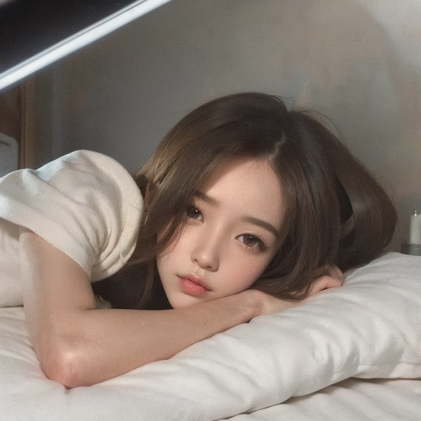 there is a woman laying on a bed with a white blanket, posing in bed, lying at the bed, laying on a bed, dilraba dilmurat, while posing in the same bed, jisoo of blackpink, lying in bed, portrait jisoo blackpink, jisoo from blackpink, reclining on bed, laying on her back on a bed, laying in bed